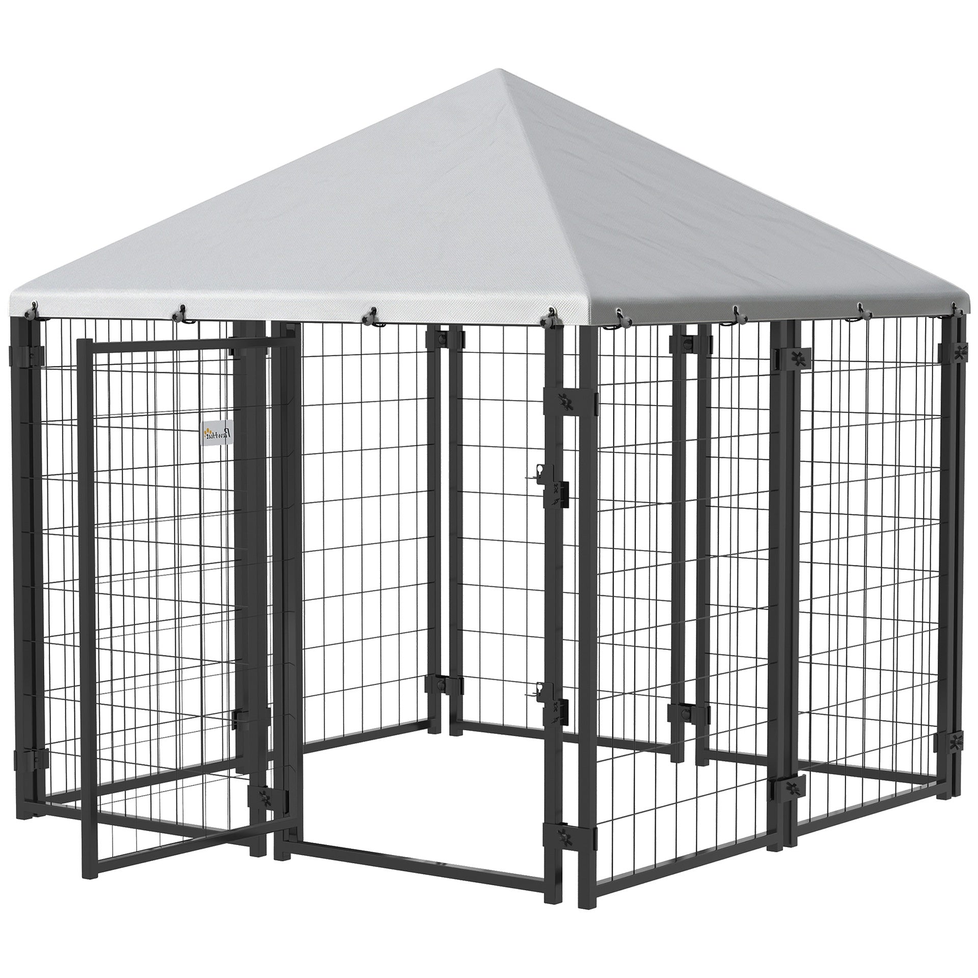 PawHut Lockable Dog House Kennel with Water-resistant Roof for Small and Medium Sized Pets, 4.7' x 4.7' x 5.1', Silver