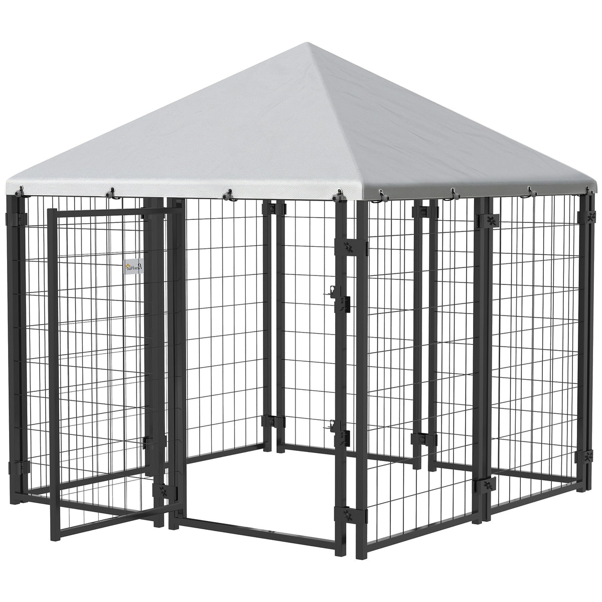 PawHut Lockable Dog House Kennel with Water-resistant Roof for Small and Medium Sized Pets, 4.7' x 4.7' x 5.1', Silver