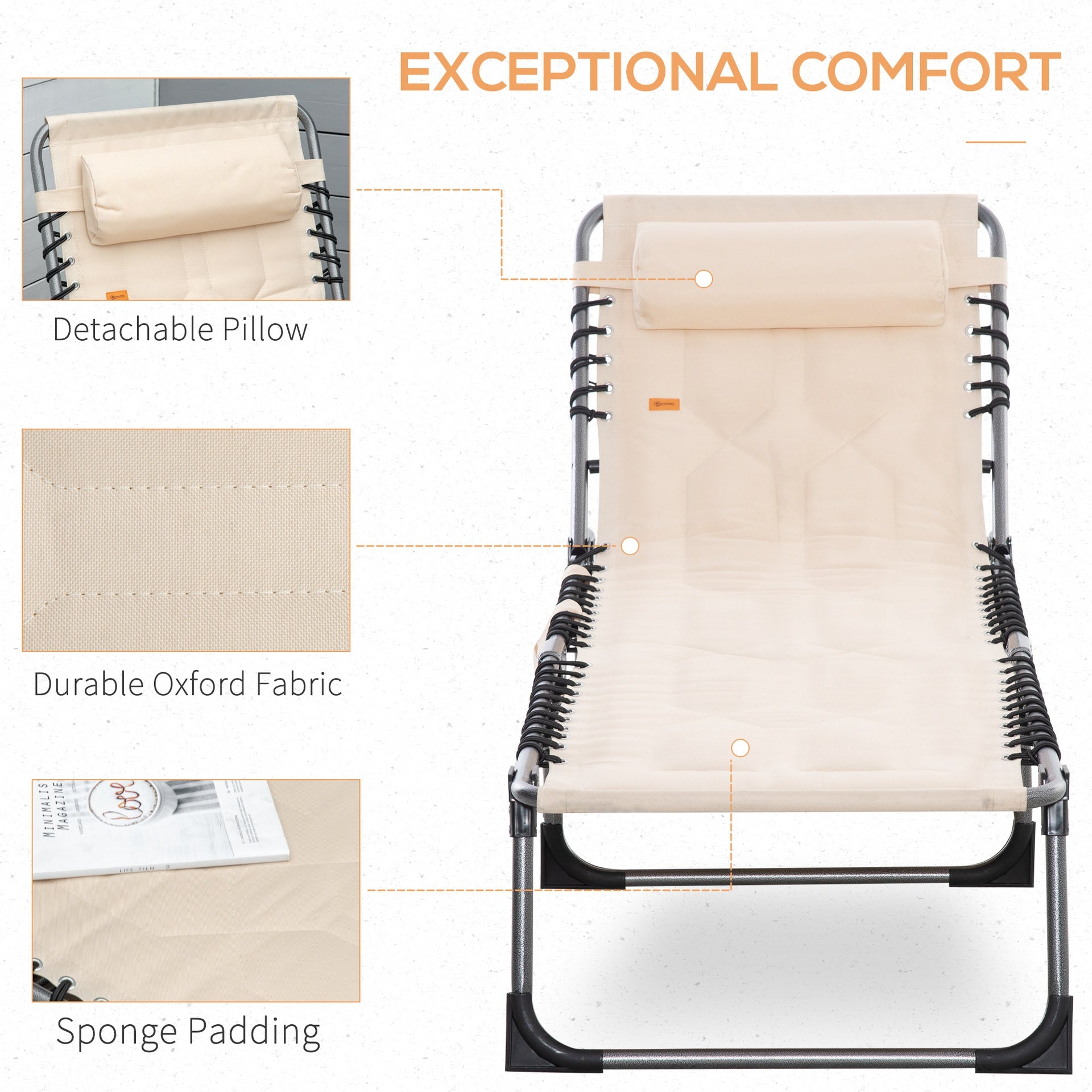 Outsunny Padded Folding Chaise Lounge Chair, Outdoor 6-Level Reclining Camping Tanning Chair with Headrest for Beach, Yard, Patio, Pool, Beige