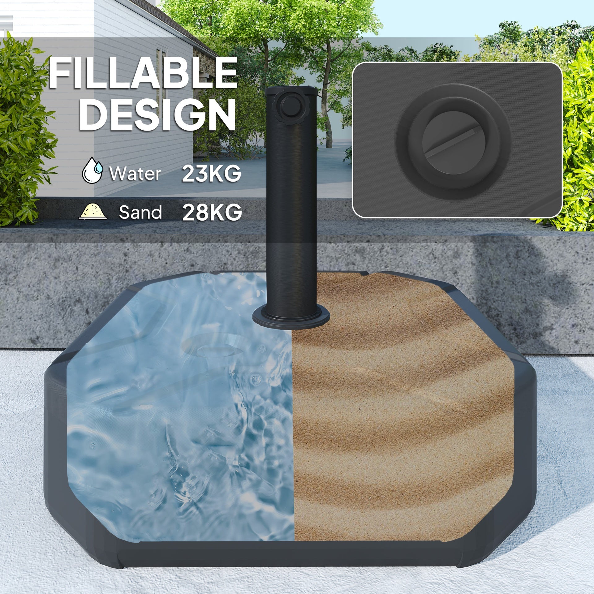 Outsunny Square Patio Umbrella Base Holder, Heavy Duty Outdoor Umbrella Stand Base, Filled Up to 55lbs with Sand or 44lbs with Water for Garden, Poolside, Black