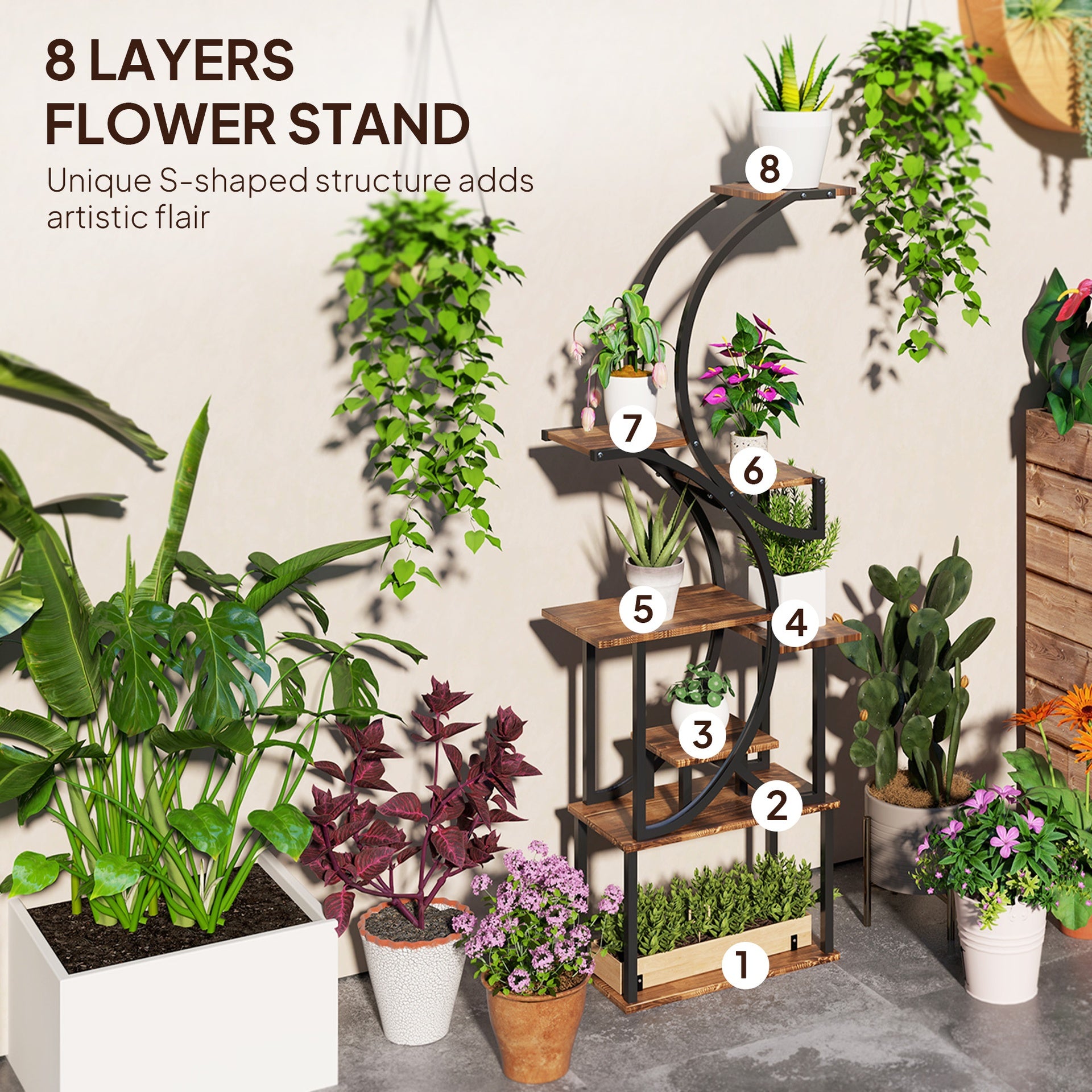 Outsunny Plant Stand Indoor, 8 Tier 62" S-Shaped Plant Shelf, Corner Plant Rack for Multiple Plants, Carbonised Finish