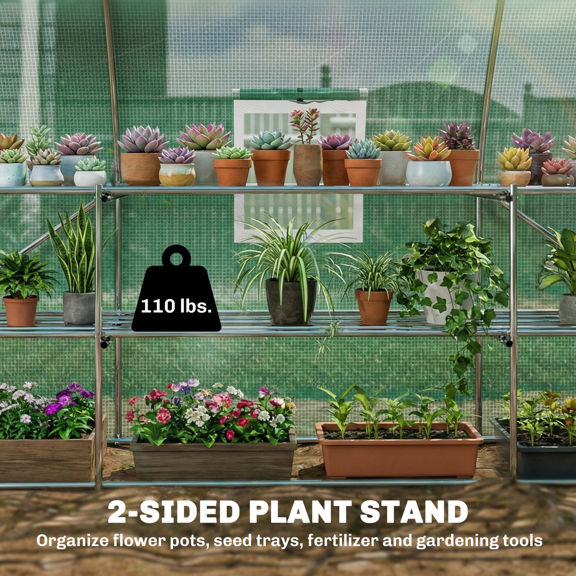 Outsunny 10'x11'x6' Walk-in Tunnel Greenhouse with Shelves, Mesh Door and Windows, Hoop House Greenhouse with PE Cover, Green