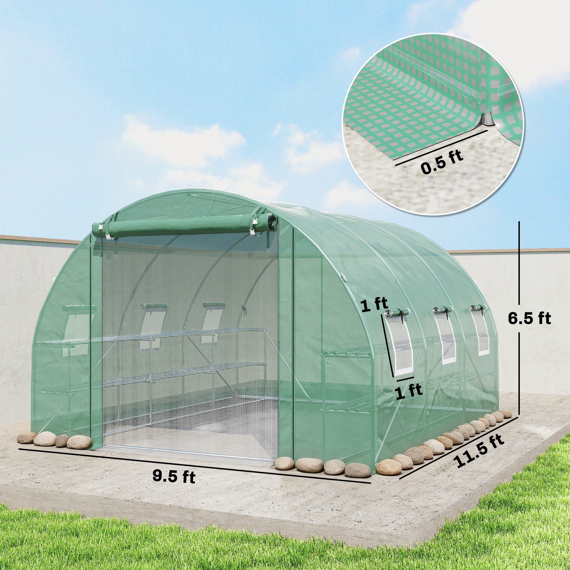 Outsunny 10'x11'x6' Walk-in Tunnel Greenhouse with Shelves, Mesh Door and Windows, Hoop House Greenhouse with PE Cover, Green