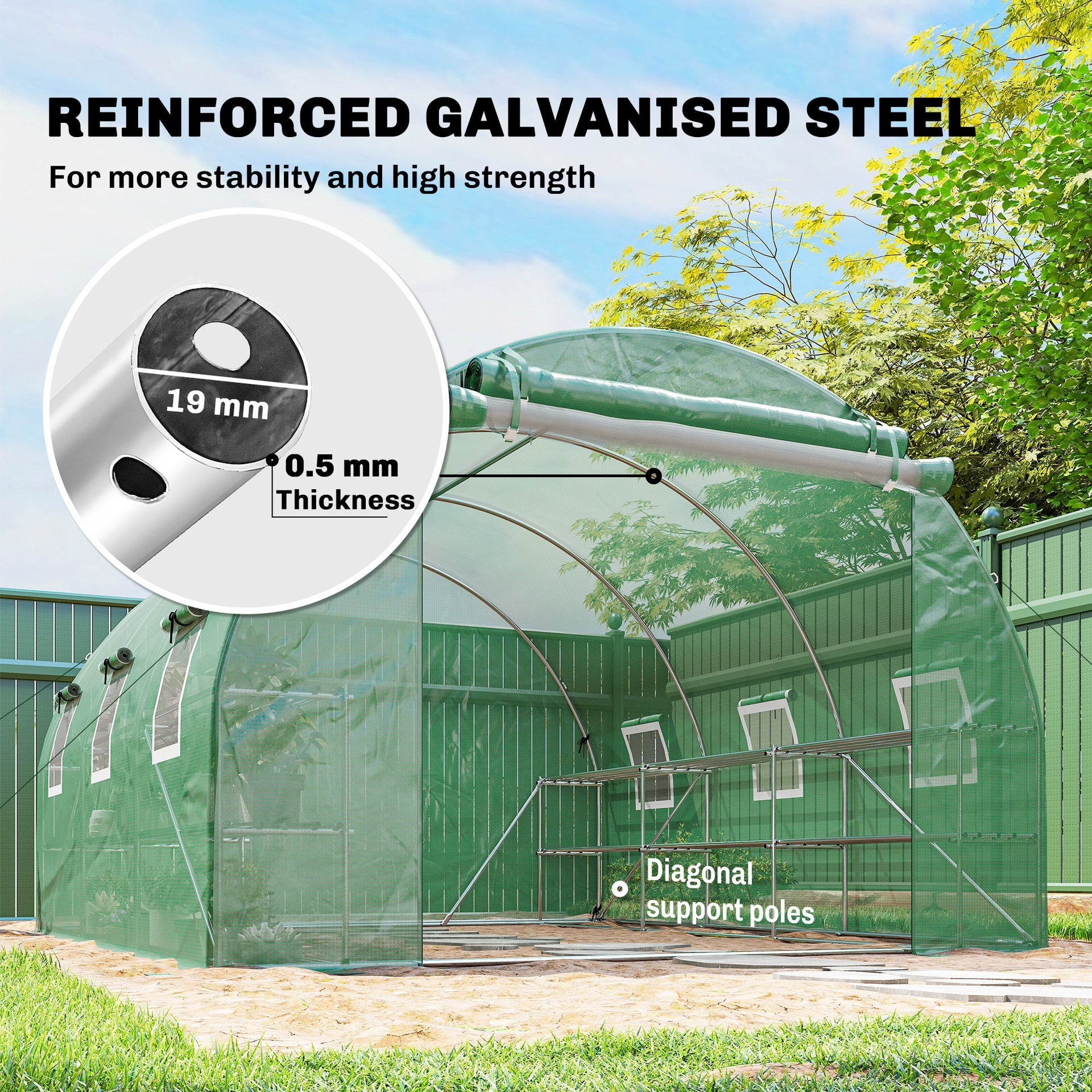 Outsunny 10'x11'x6' Walk-in Tunnel Greenhouse with Shelves, Mesh Door and Windows, Hoop House Greenhouse with PE Cover, Green