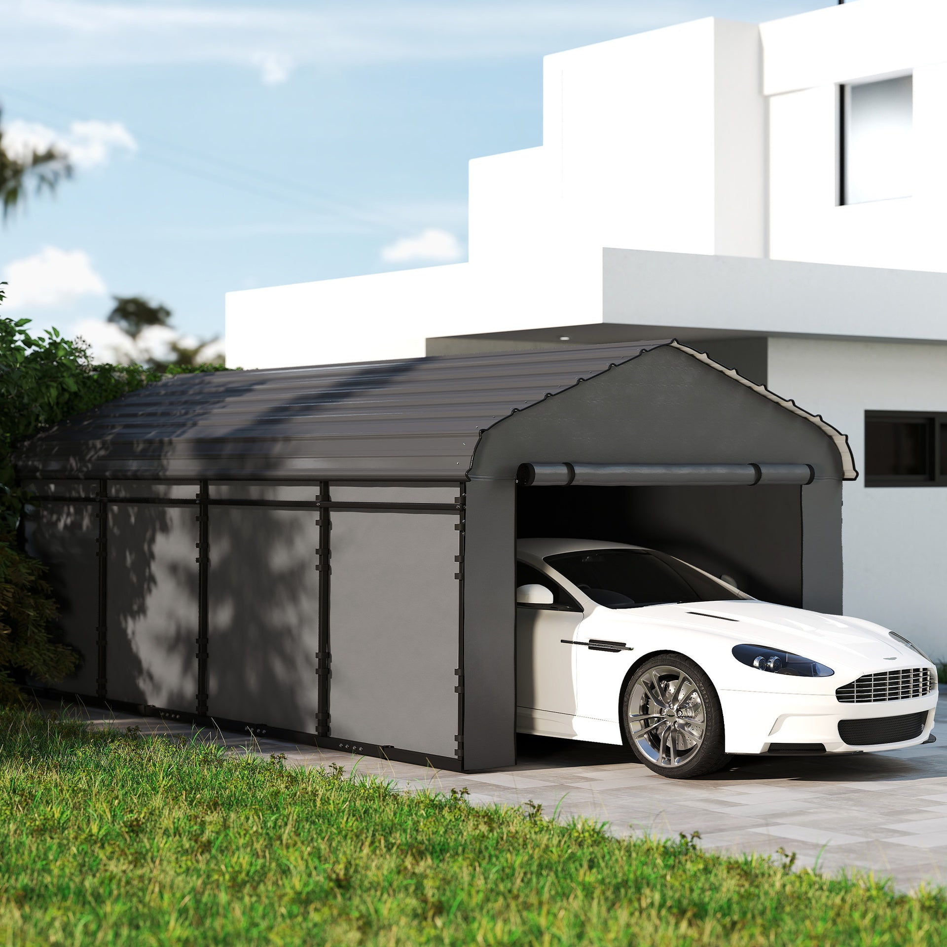 Outsunny 12' x 20' Metal Carport, Heavy Duty Garage Car Canopy with Galvanized Metal Roof and Removable Sidewalls, Dark Gray