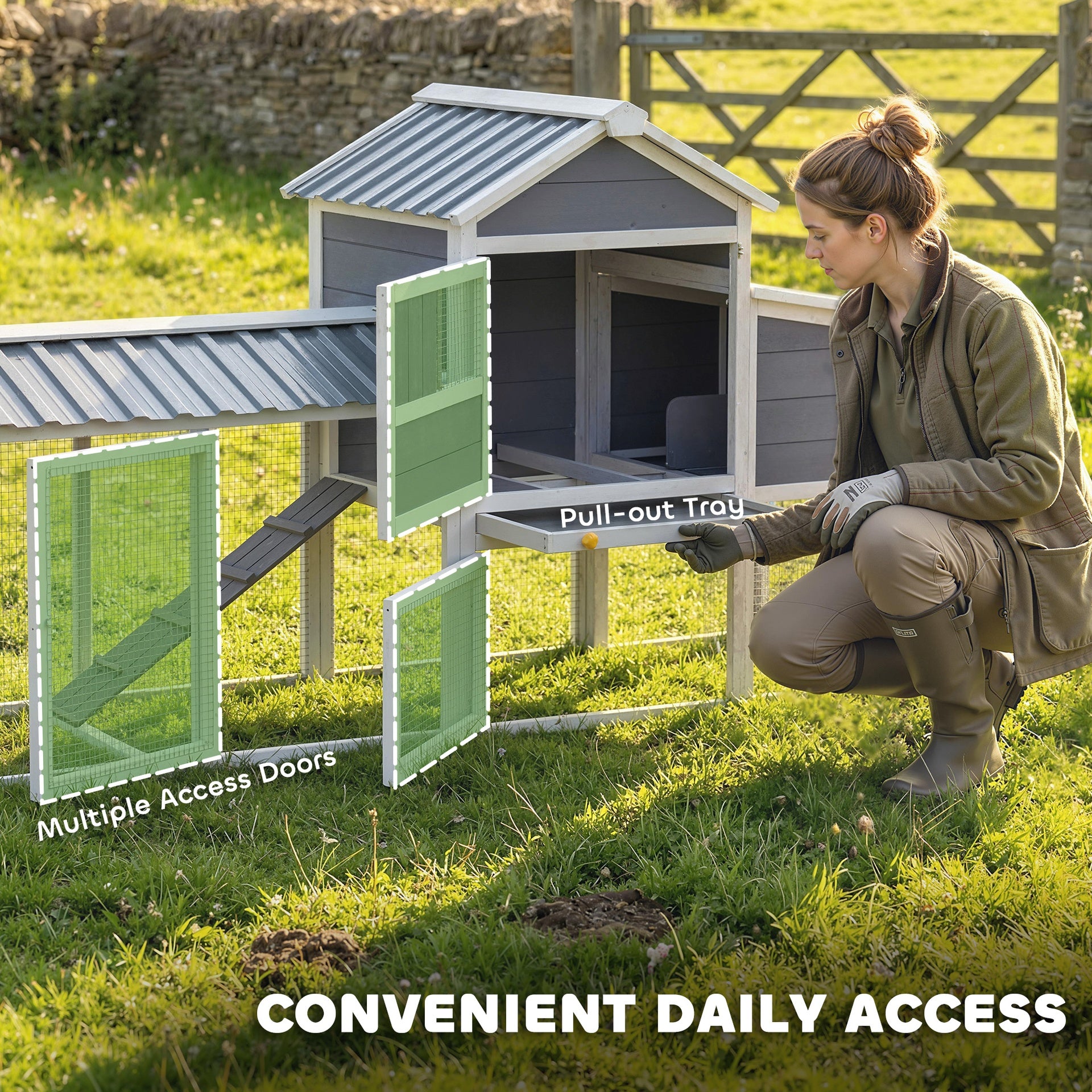 PawHut Chicken Coop with Wheels, 80" L Mobile Hen House with Run, Outdoor Wooden Chicken House with Nesting Box, Tray, Ramp