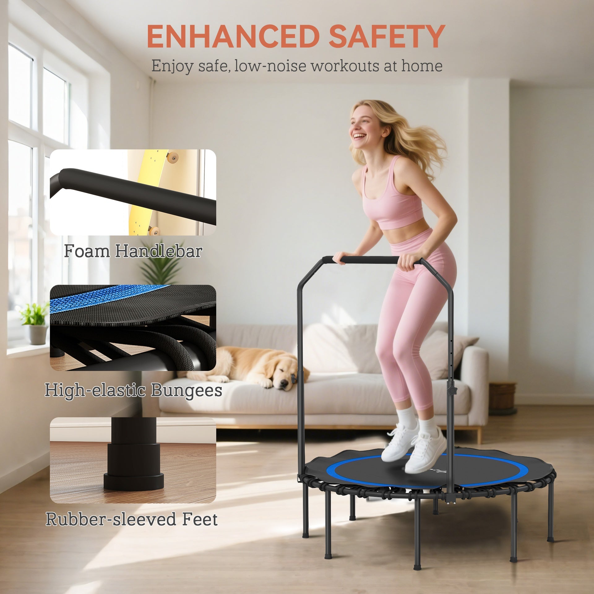 Soozier 45" Rebounder Trampoline for Adults, Foldable Mini Trampoline with Adjustable Handle Bar for Indoor Outdoor, Blue