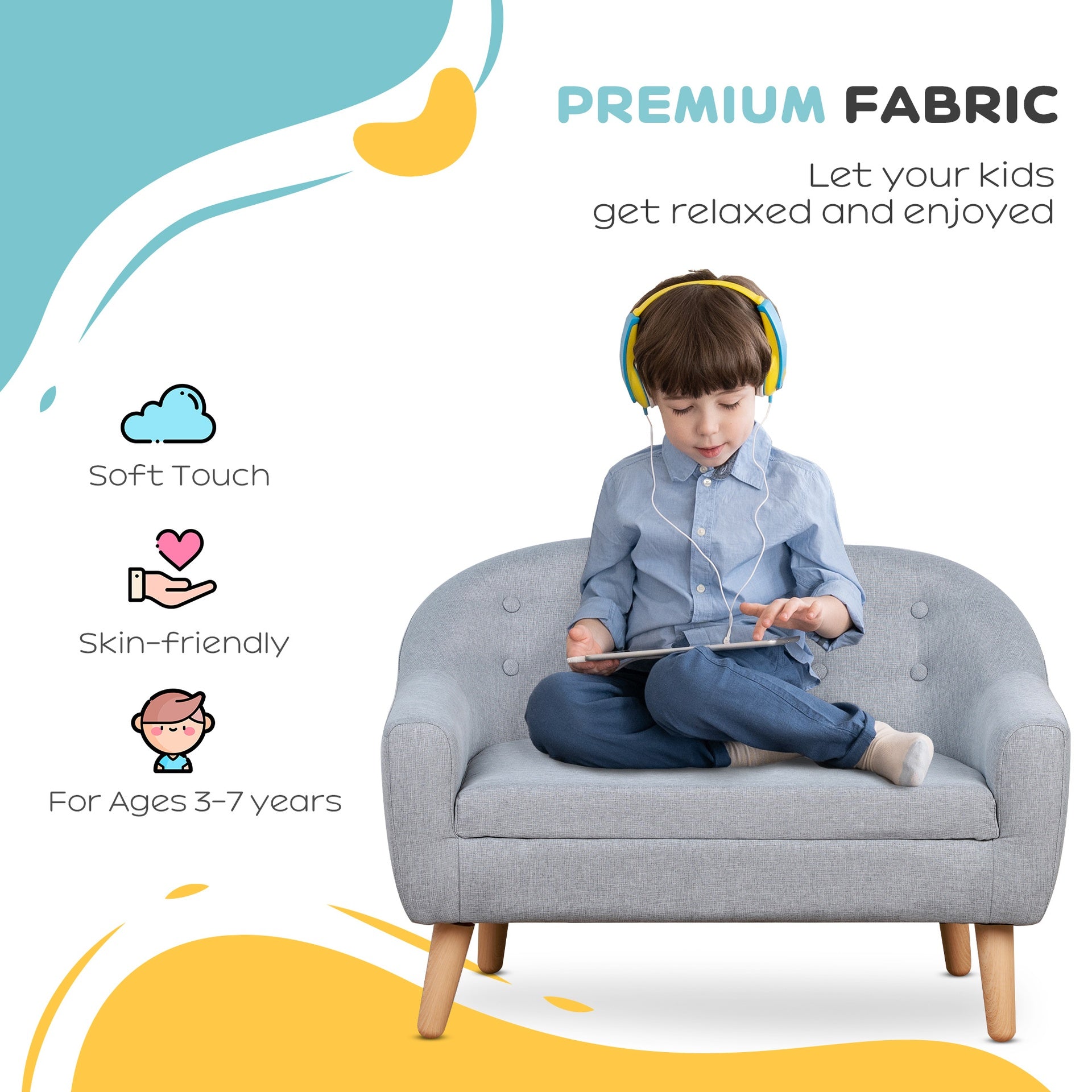 Qaba 2-Seat Kids Sofa, Toddler Sofa Couch, Linen-Like Fabric & Wood Frame Sofa Chair for Ages 3-7, 11" High Seat, Gray