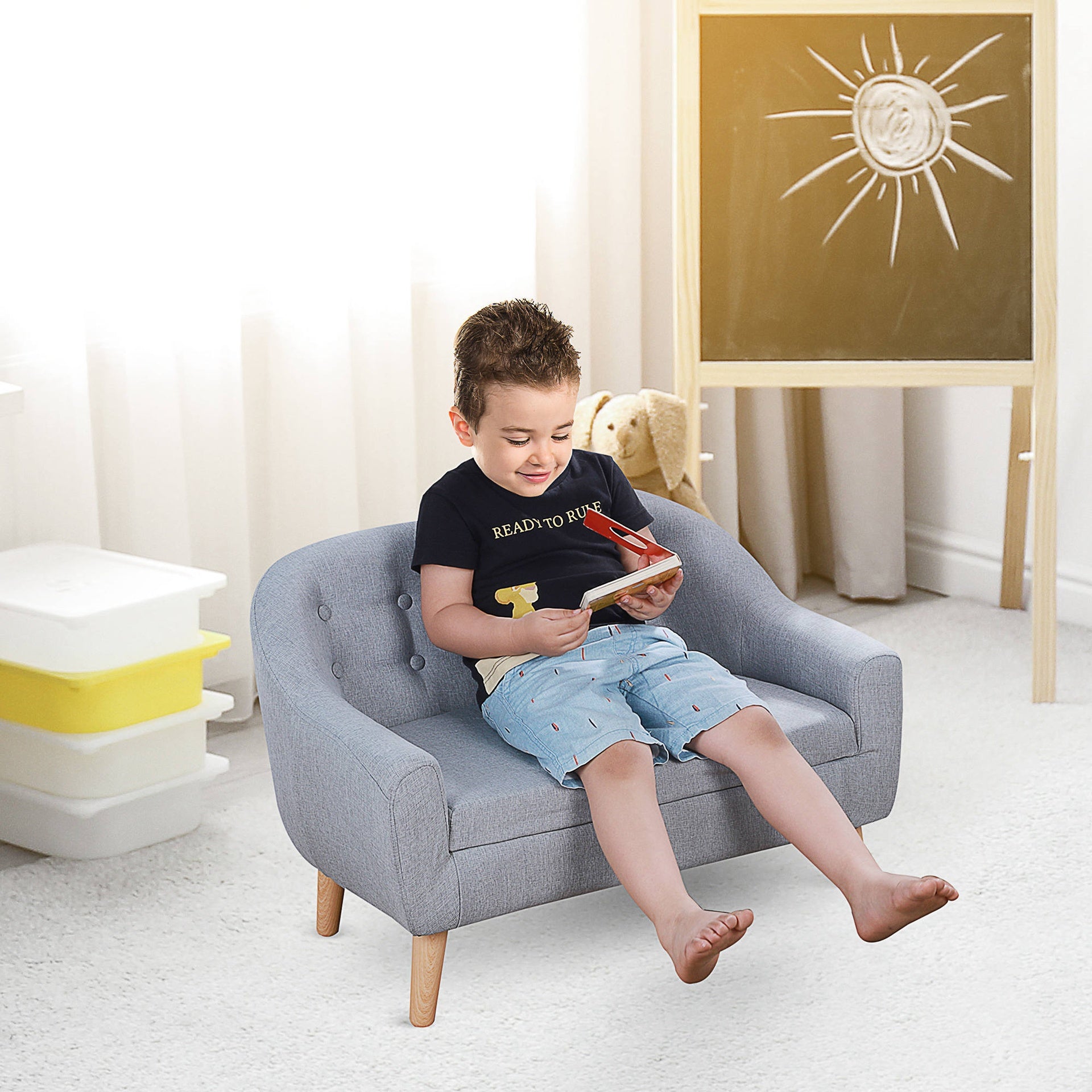 Qaba 2-Seat Kids Sofa, Toddler Sofa Couch, Linen-Like Fabric & Wood Frame Sofa Chair for Ages 3-7, 11" High Seat, Gray