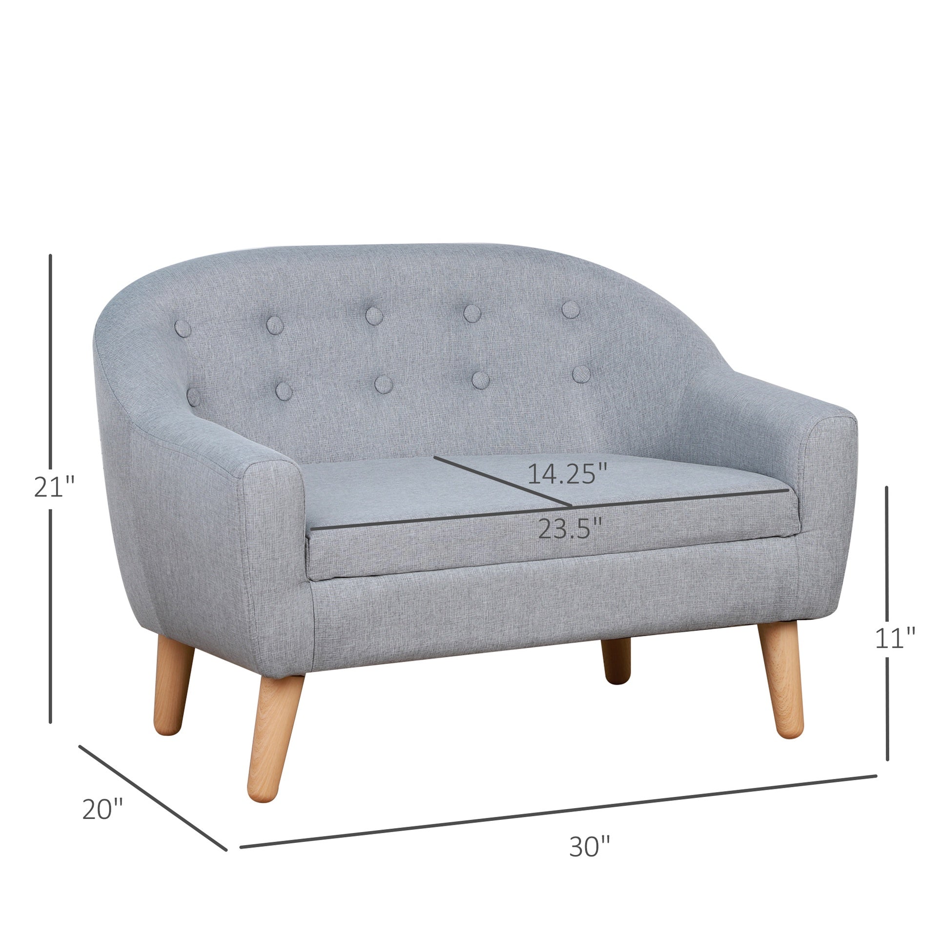 Qaba 2-Seat Kids Sofa, Toddler Sofa Couch, Linen-Like Fabric & Wood Frame Sofa Chair for Ages 3-7, 11" High Seat, Gray