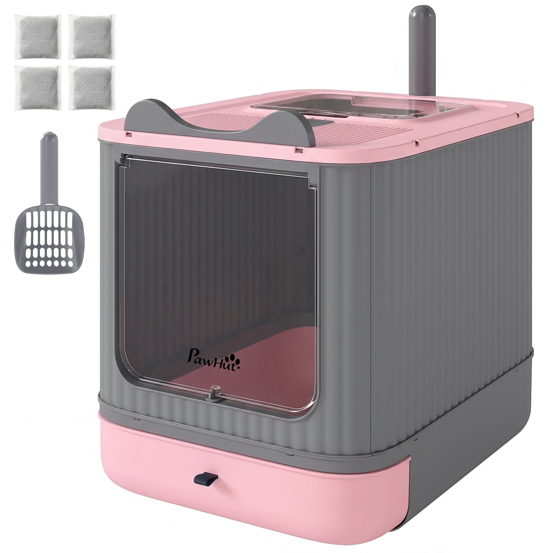 PawHut Cat Litter Box with Lid, Enclosed Litter Box for Medium Cats, Front-Entry and Top-Exit, Scoop, Deodorizer Bag, Pink