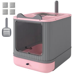 PawHut Cat Litter Box with Lid, Enclosed Litter Box for Medium Cats, Front-Entry and Top-Exit, Scoop, Deodorizer Bag, Pink