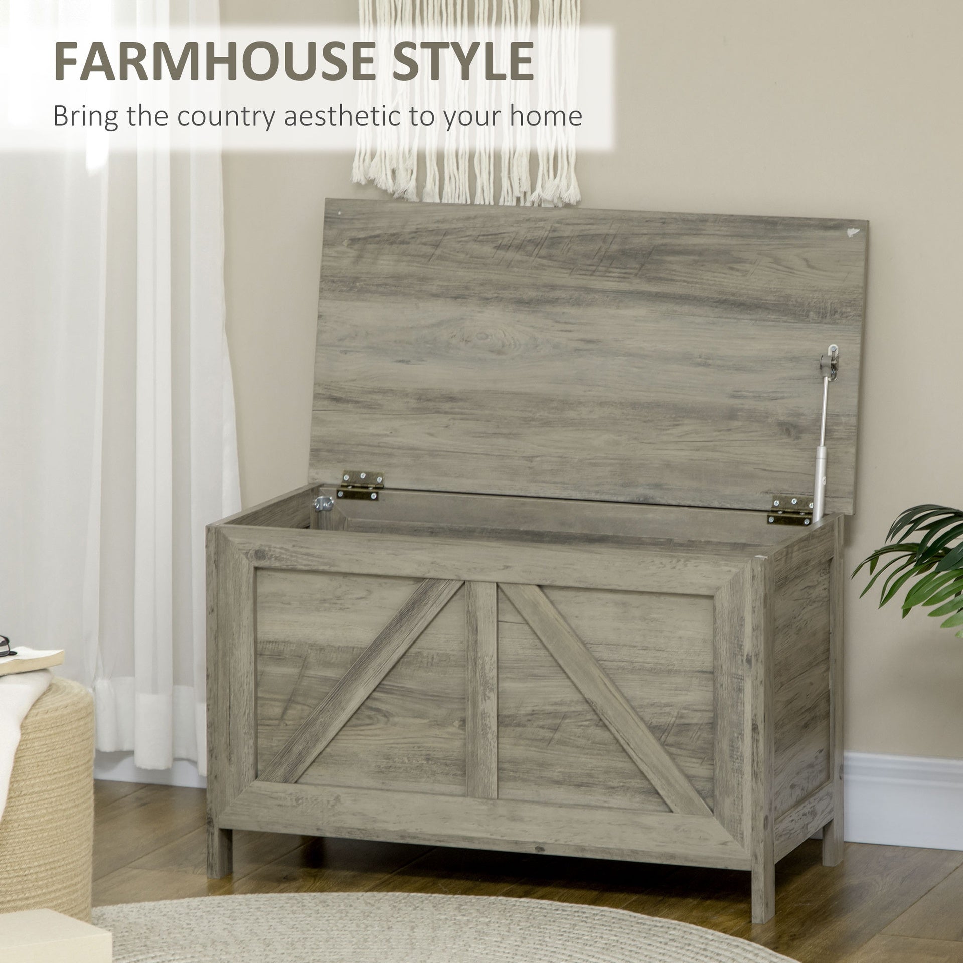HOMCOM 30" Farmhouse Storage Bench, Lift Top Storage Chest with Safety Hinge to Open Up 100°, Wooden Trunk for Bedroom, Entryway, Living Room, Gray