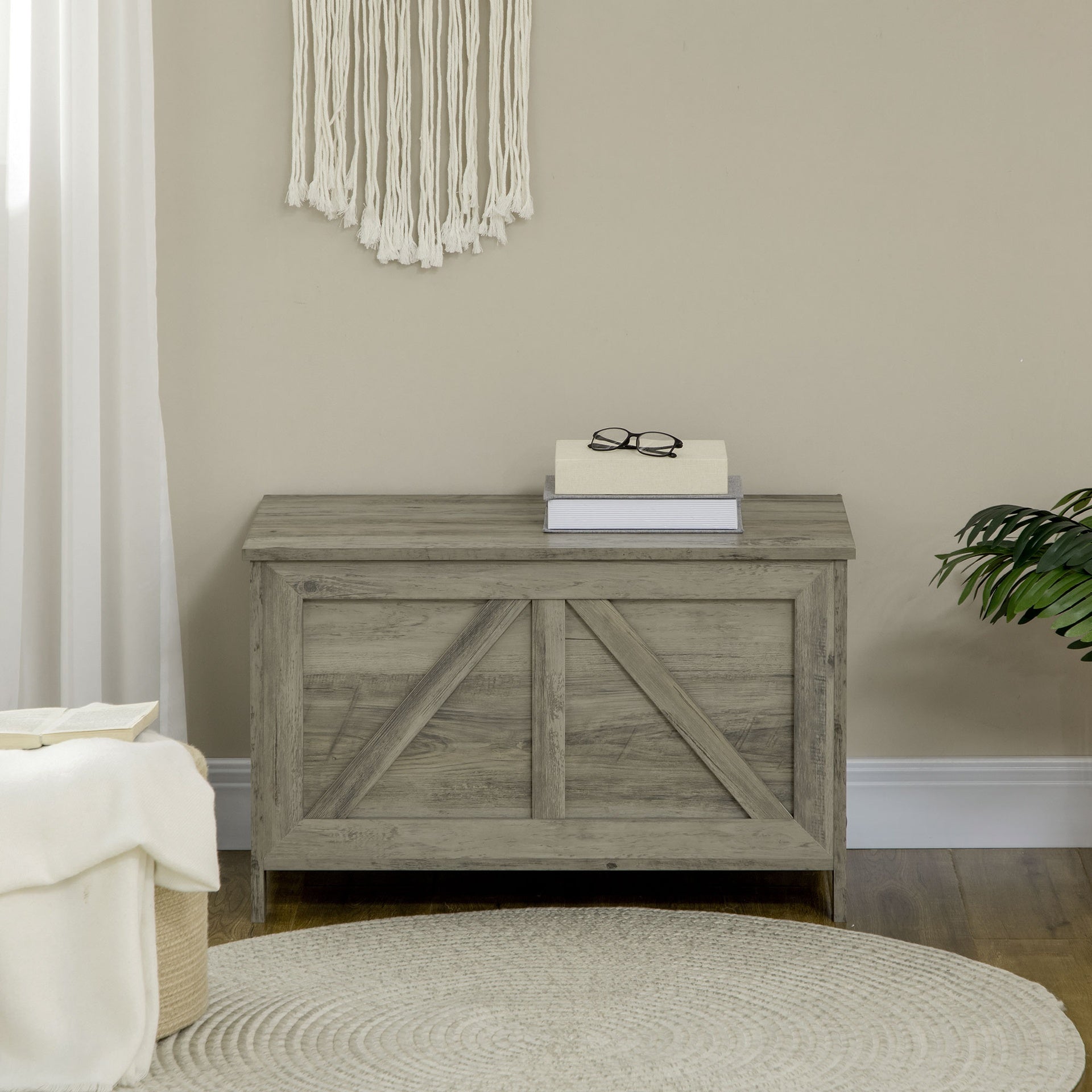 HOMCOM 30" Farmhouse Storage Bench, Lift Top Storage Chest with Safety Hinge to Open Up 100°, Wooden Trunk for Bedroom, Entryway, Living Room, Gray