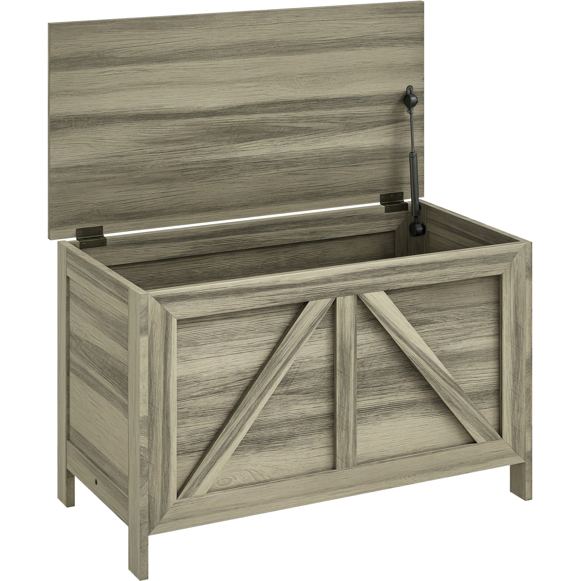 HOMCOM 30" Farmhouse Storage Bench, Lift Top Storage Chest with Safety Hinge to Open Up 100°, Wooden Trunk for Bedroom, Entryway, Living Room, Gray