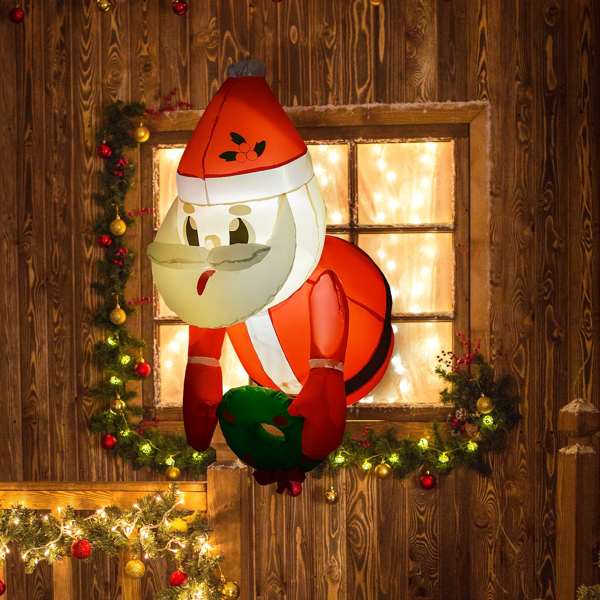 Outsunny 3.4' Inflatable Santa Claus Holding Wreath w/ LED Lights, Blow-Up Outdoor Hanging Display for Garden Party
