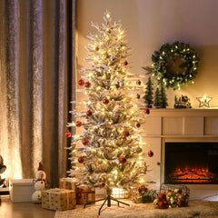 HOMCOM 6' Pre Lit Artificial Flocked Christmas Trees, with Snow Branches, Warm Yellow Clear Lights, Auto Open, Extra Bulb