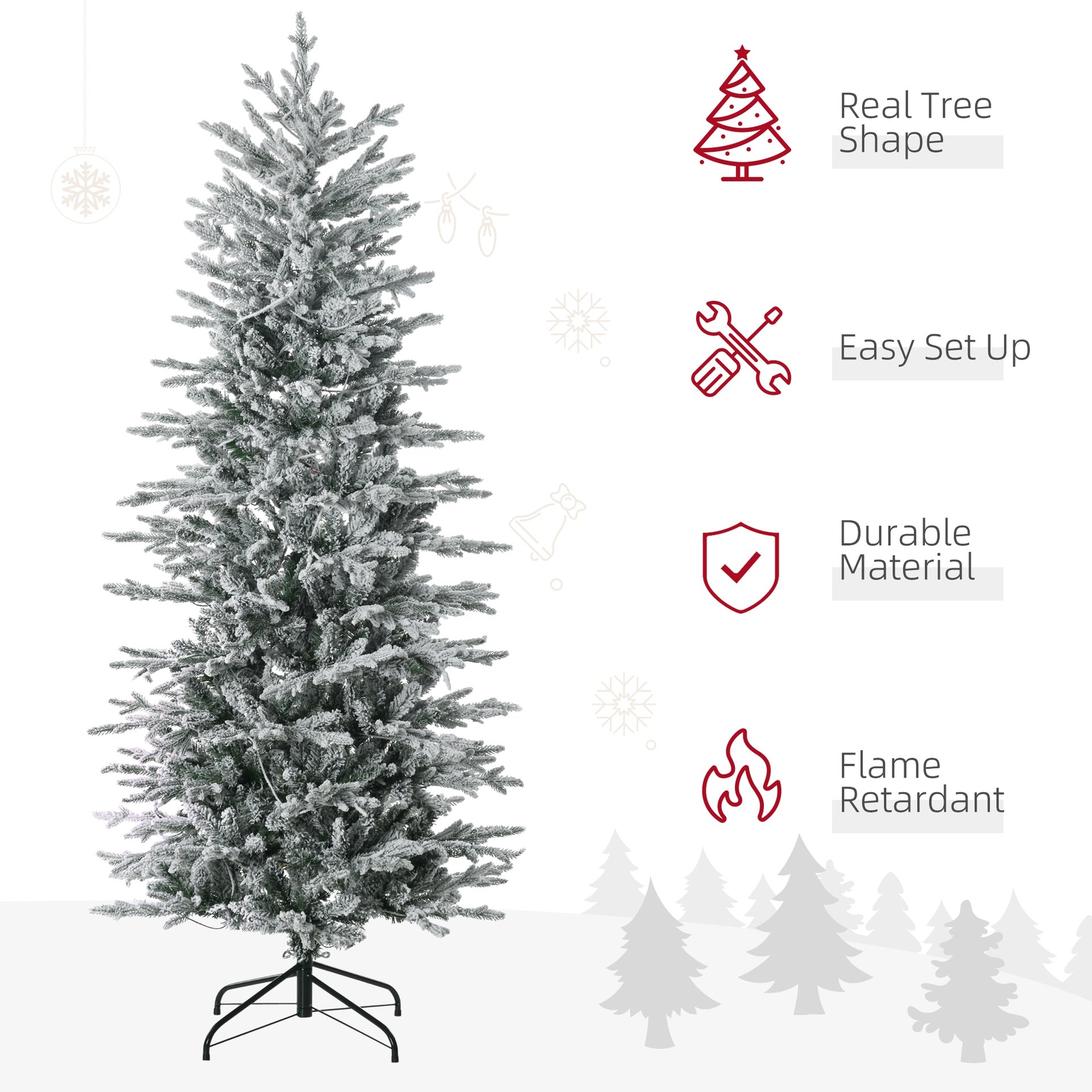HOMCOM 6' Pre Lit Artificial Flocked Christmas Trees, with Snow Branches, Warm Yellow Clear Lights, Auto Open, Extra Bulb