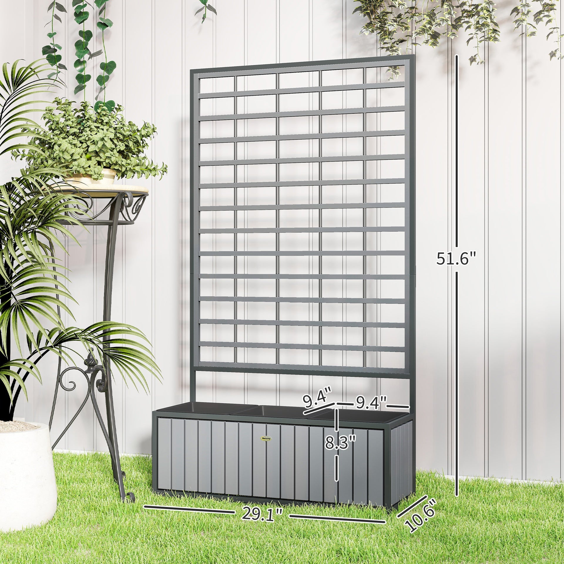 Outsunny Wooden Raised Garden Bed with Trellis, Removable Pots, for Backyard, Patio, Balcony, 29" x 11" x 52", Gray