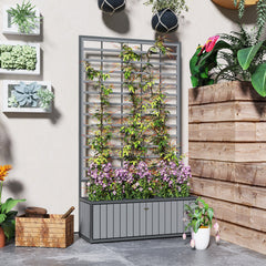 Outsunny Wooden Raised Garden Bed with Trellis, Removable Pots, for Backyard, Patio, Balcony, 29" x 11" x 52", Gray