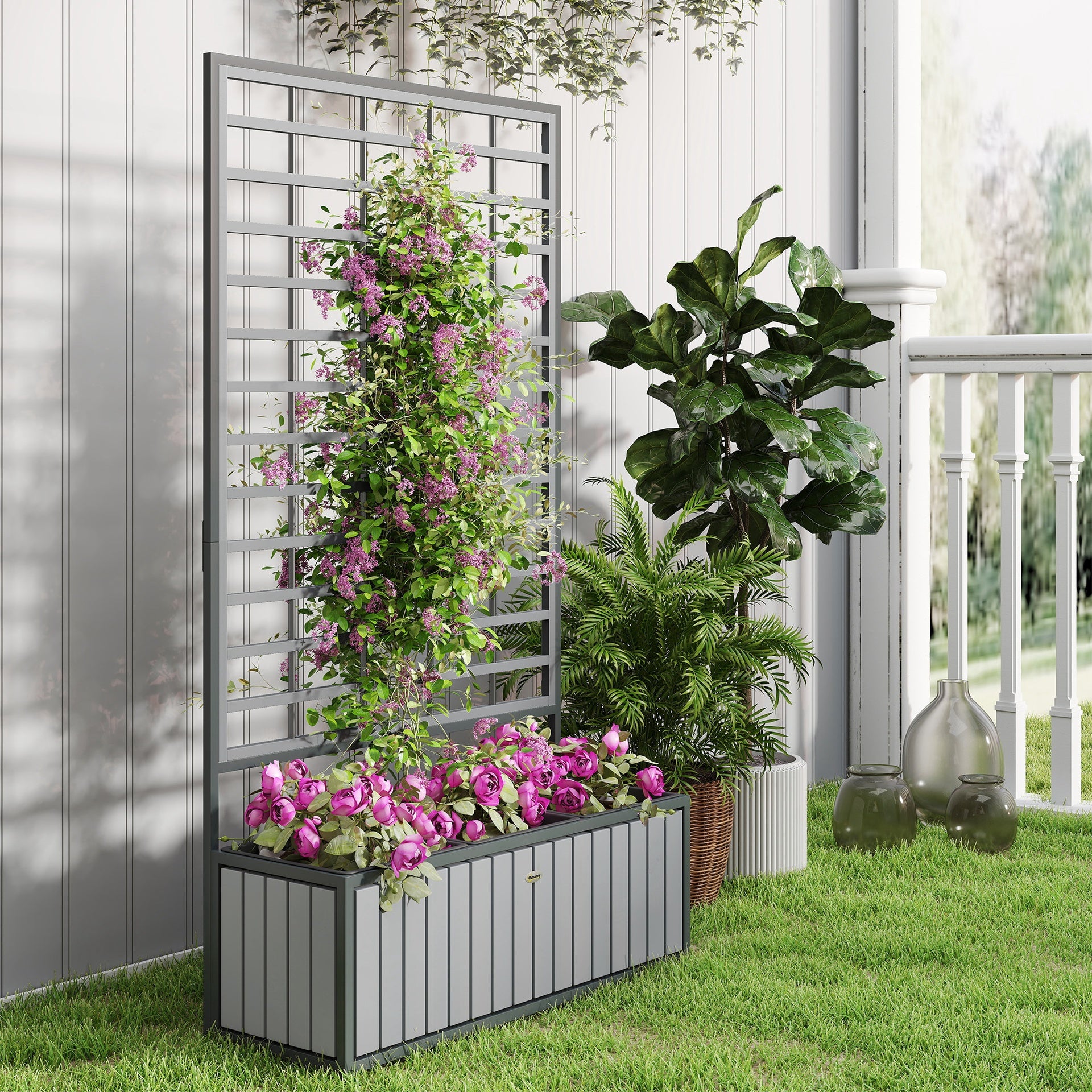 Outsunny Wooden Raised Garden Bed with Trellis, Removable Pots, for Backyard, Patio, Balcony, 29" x 11" x 52", Gray