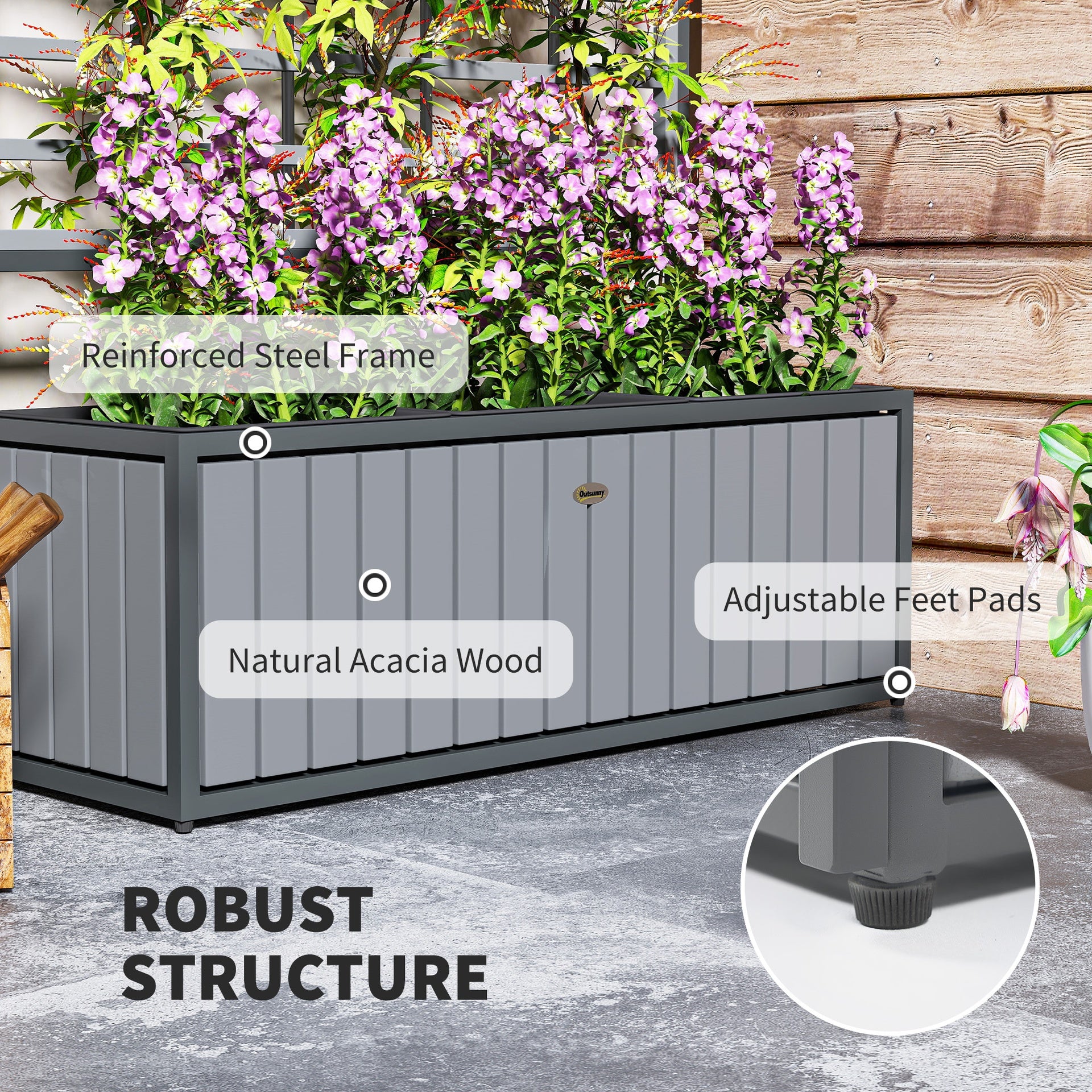 Outsunny Wooden Raised Garden Bed with Trellis, Removable Pots, for Backyard, Patio, Balcony, 29" x 11" x 52", Gray