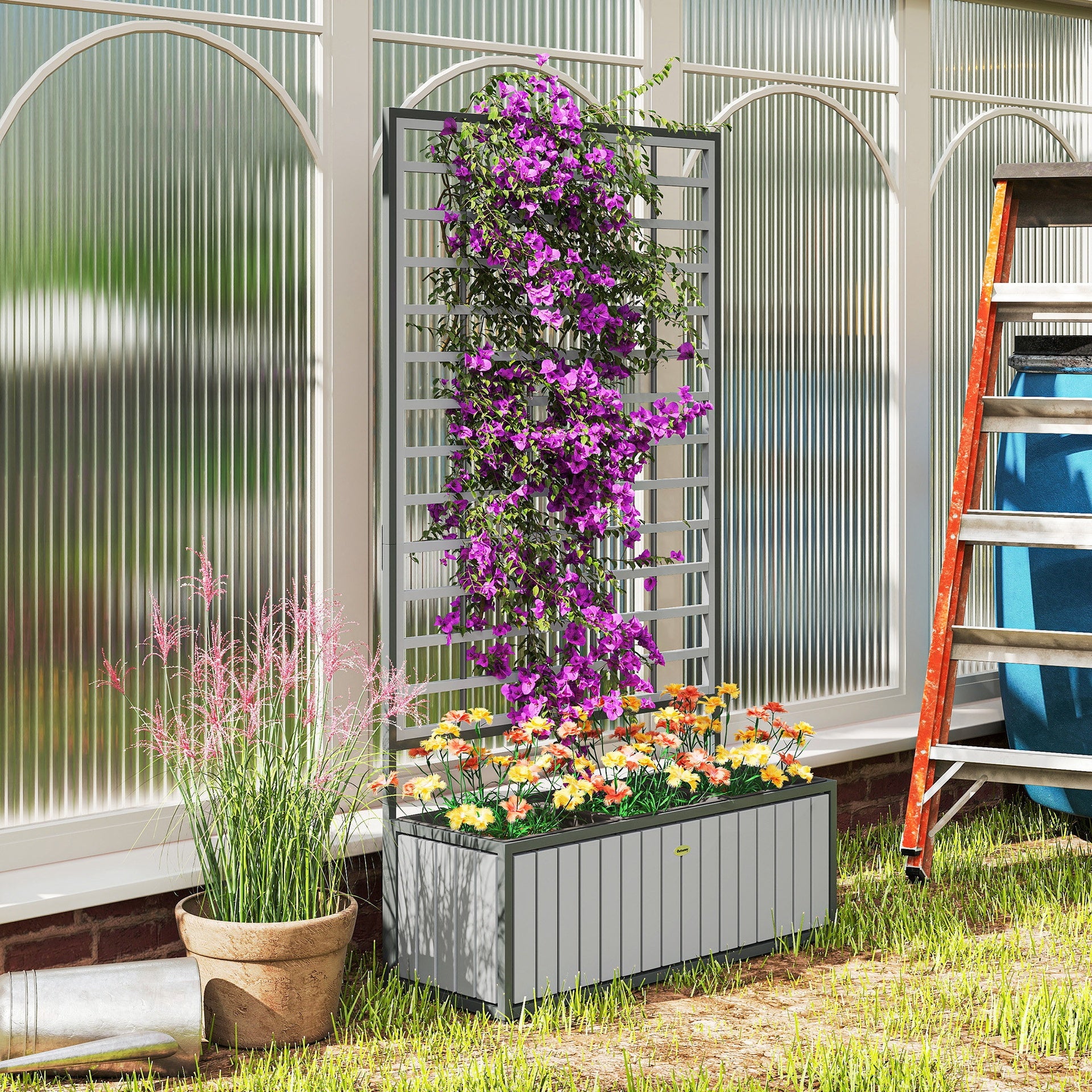 Outsunny Wooden Raised Garden Bed with Trellis, Removable Pots, for Backyard, Patio, Balcony, 29" x 11" x 52", Gray