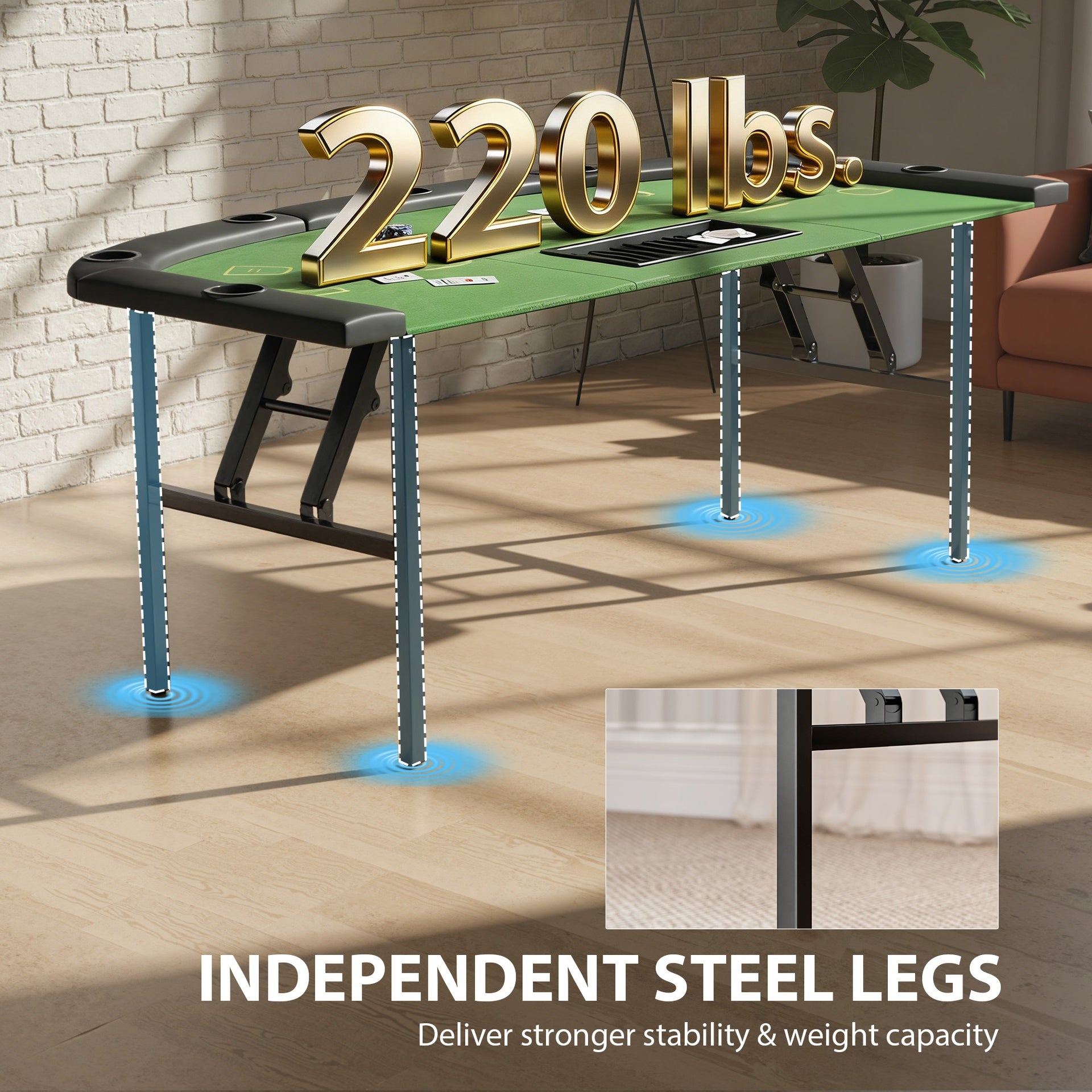 Soozier Poker Table Foldable, 72" Portable Casino Blackjack Table for 8 Players with Felt Surface, Cup Holders, Green
