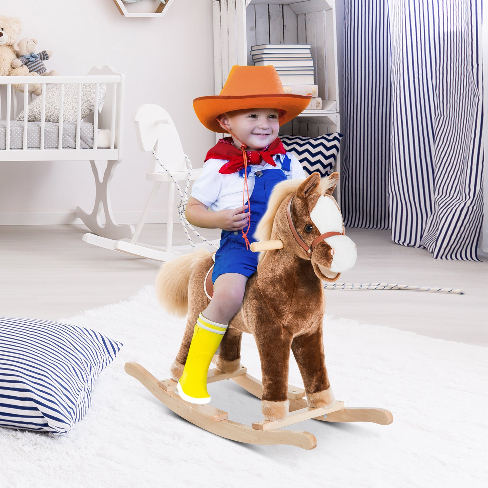 Qaba Kids Rocking Horse Plush Toddler Rocker Wooden Base Ride On Toy