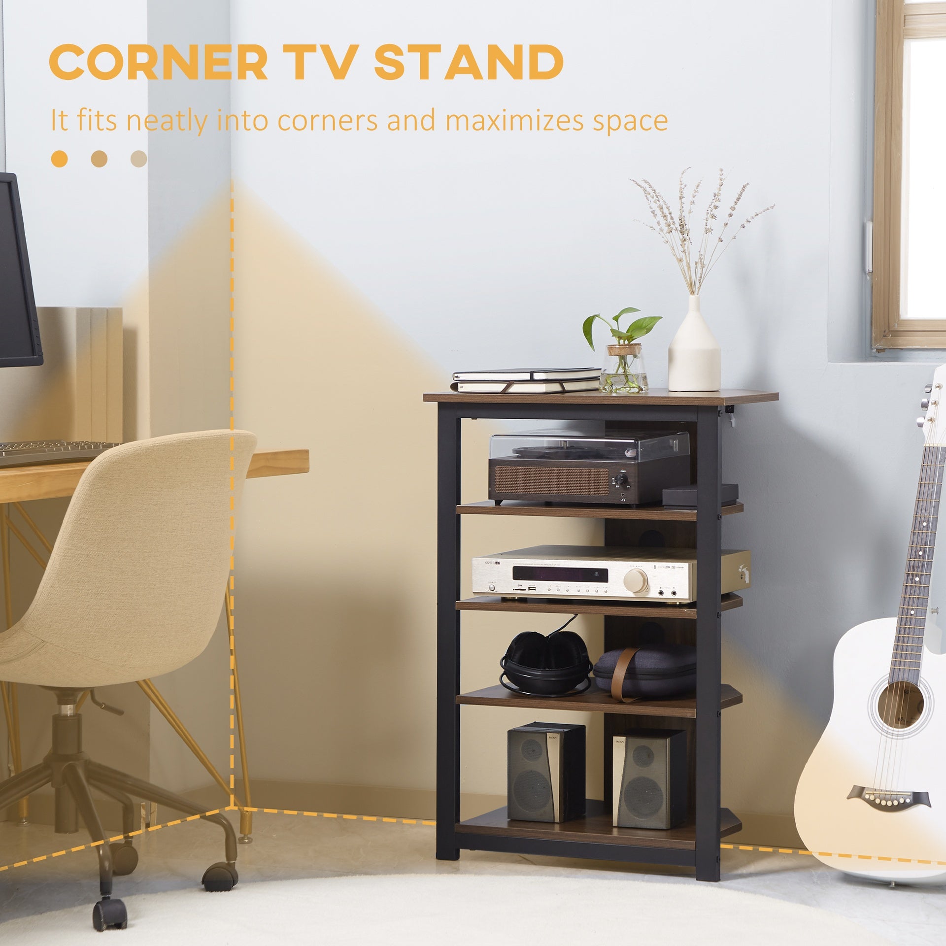 HOMCOM Media Stand with 4-Tier Audio Rack AV Media Corner Shelf with Cable Management for DVD Players Game Console TV Box Cable Box Xbox WiFi Router, Brown