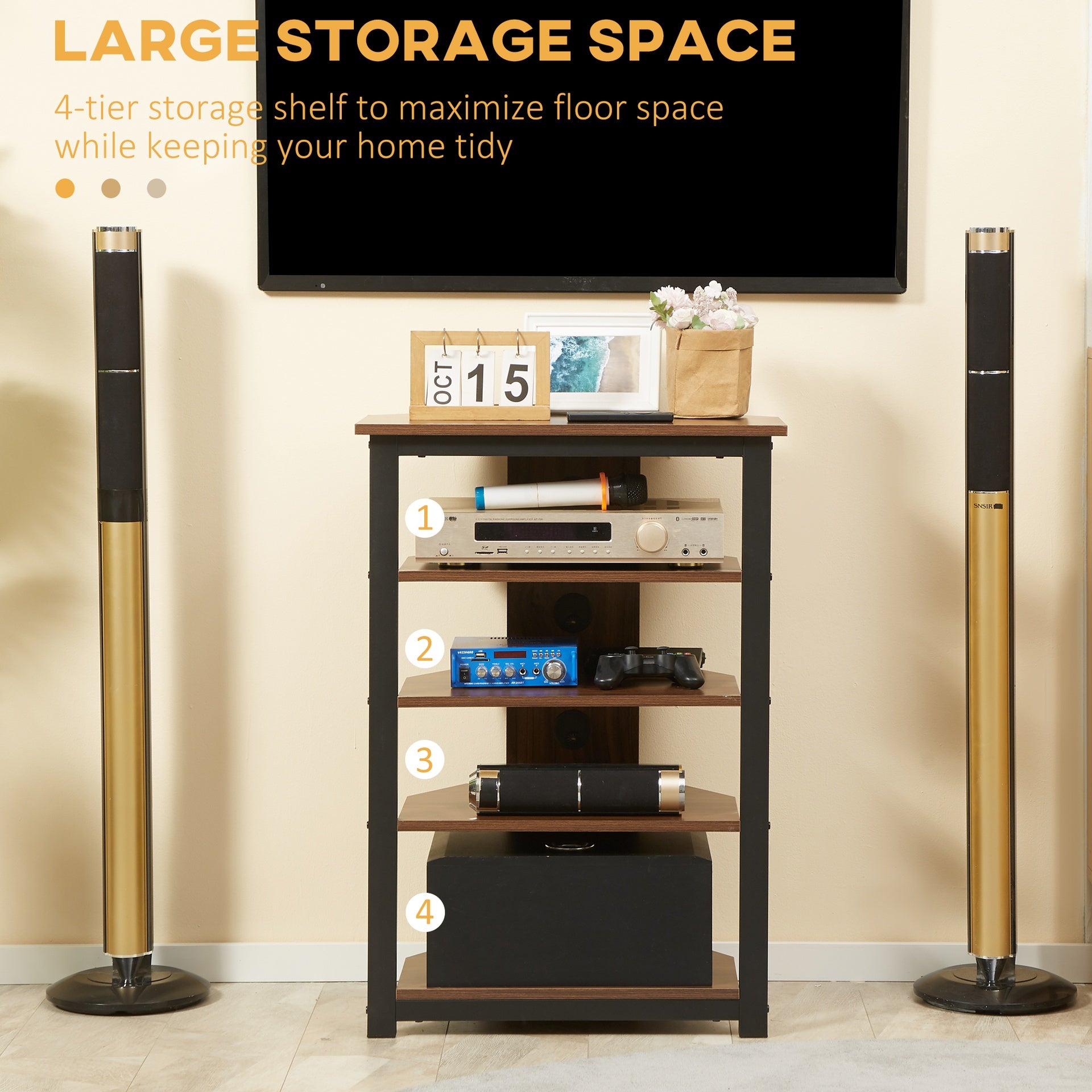 HOMCOM Media Stand with 4-Tier Audio Rack AV Media Corner Shelf with Cable Management for DVD Players Game Console TV Box Cable Box Xbox WiFi Router, Brown