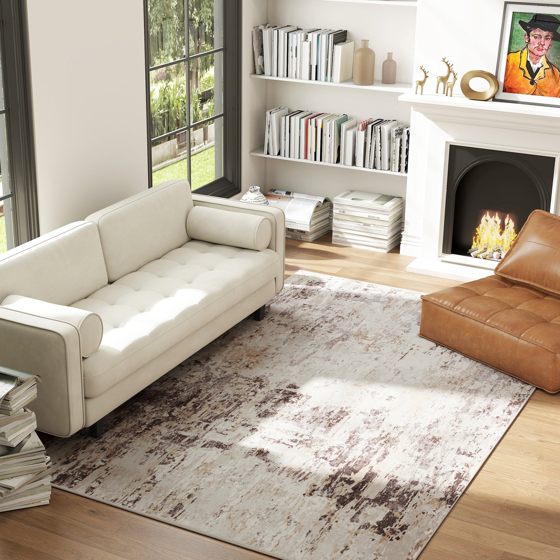HOMCOM Machine Washable Area Rug 5x7, Non-Slip Modern Abstract Floor Carpet for Living Room, Bedroom, Dining Room, Mixed-Brown