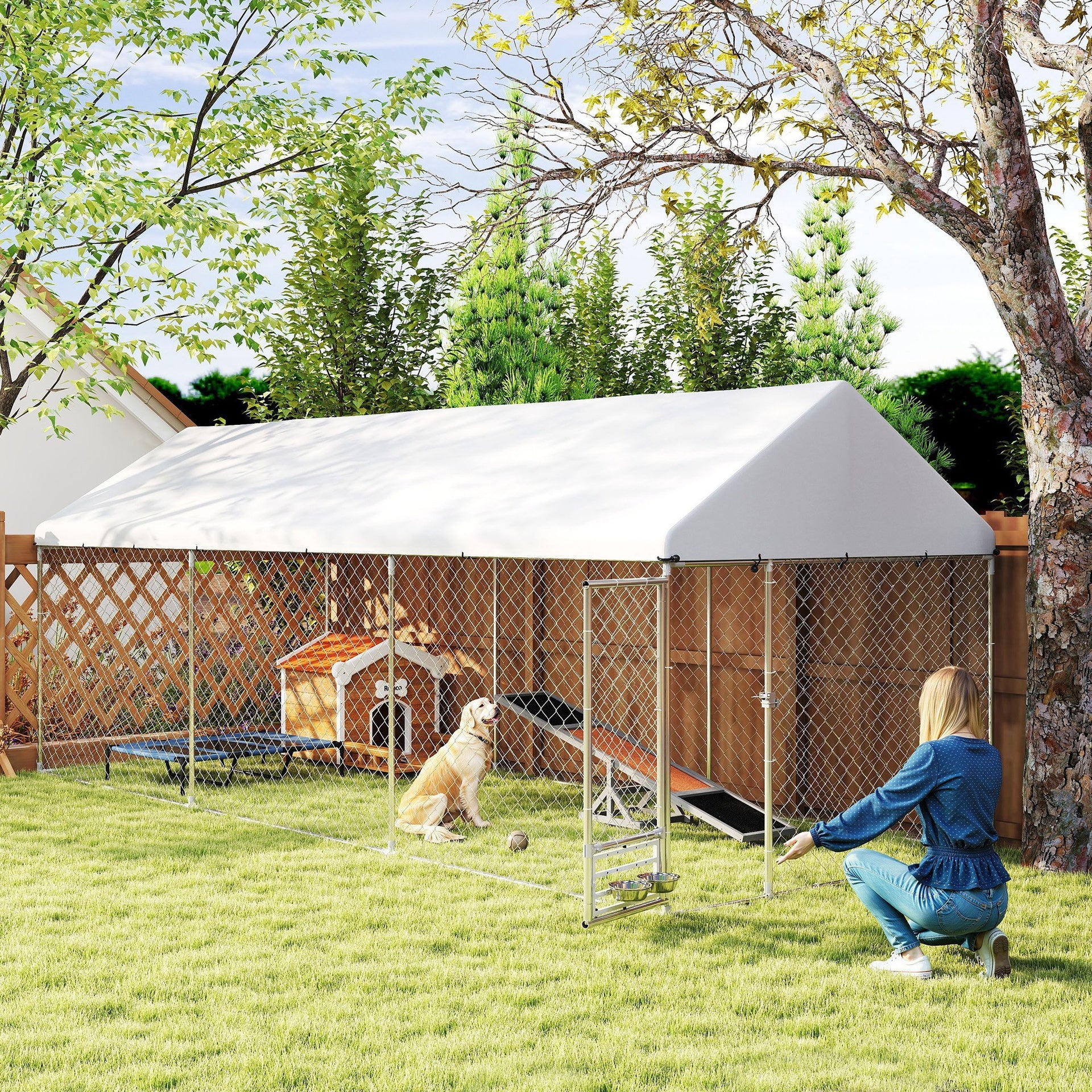 PawHut Outdoor Dog Kennel w/ Adjustable & Rotatable Bowl Rack, Waterproof UV-Resistant Cover, Secure Lock, 19.7' x 7.5' x 7.5'