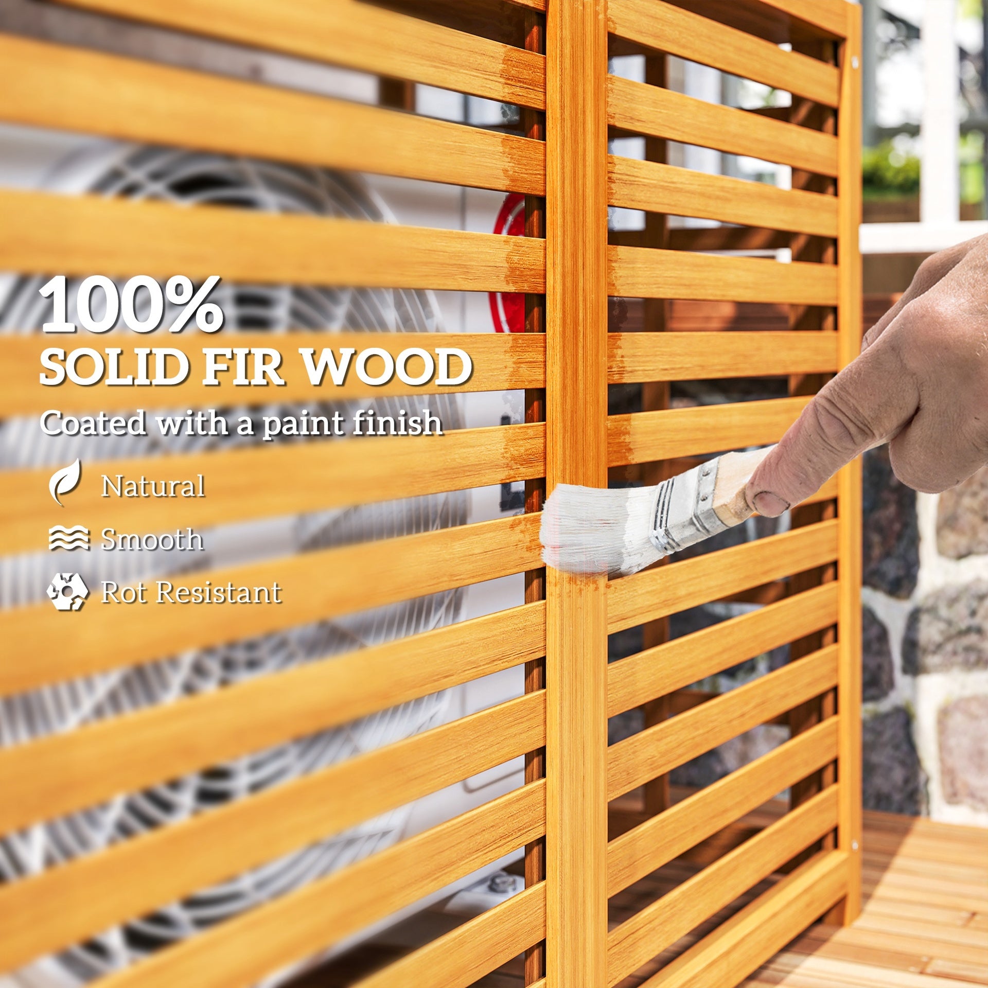 Outsunny Outdoor Air Conditioner Fence Privacy Screen, Wood AC Fence Potting Table with Shelves for Patio, Light Brown