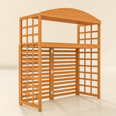 Outsunny Outdoor Air Conditioner Fence Privacy Screen, Wood AC Fence Potting Table with Shelves for Patio, Light Brown