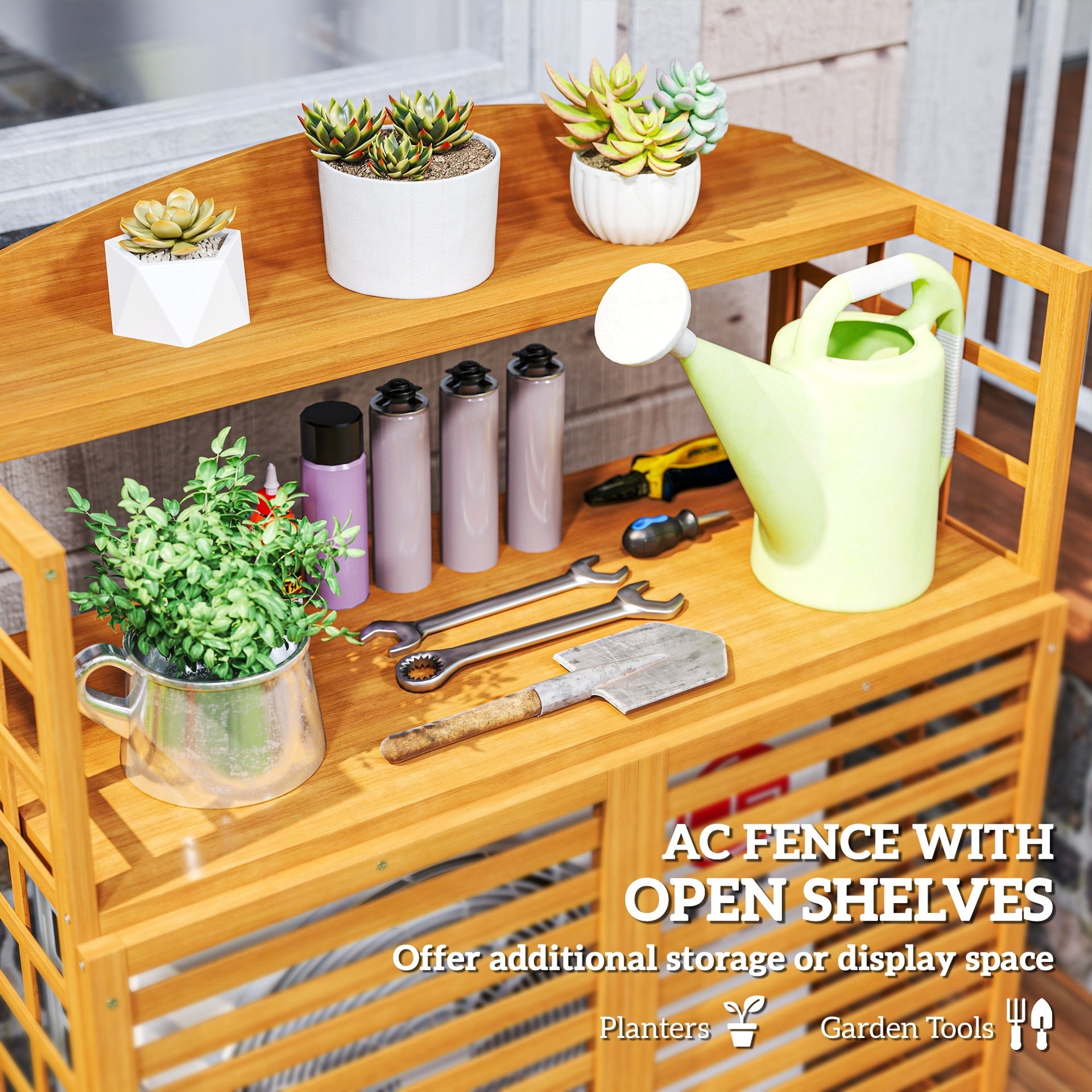 Outsunny Outdoor Air Conditioner Fence Privacy Screen, Wood AC Fence Potting Table with Shelves for Patio, Light Brown