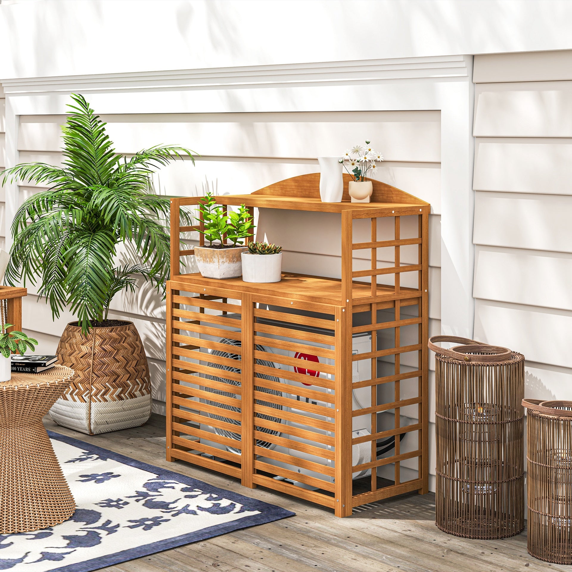 Outsunny Outdoor Air Conditioner Fence Privacy Screen, Wood AC Fence Potting Table with Shelves for Patio, Light Brown