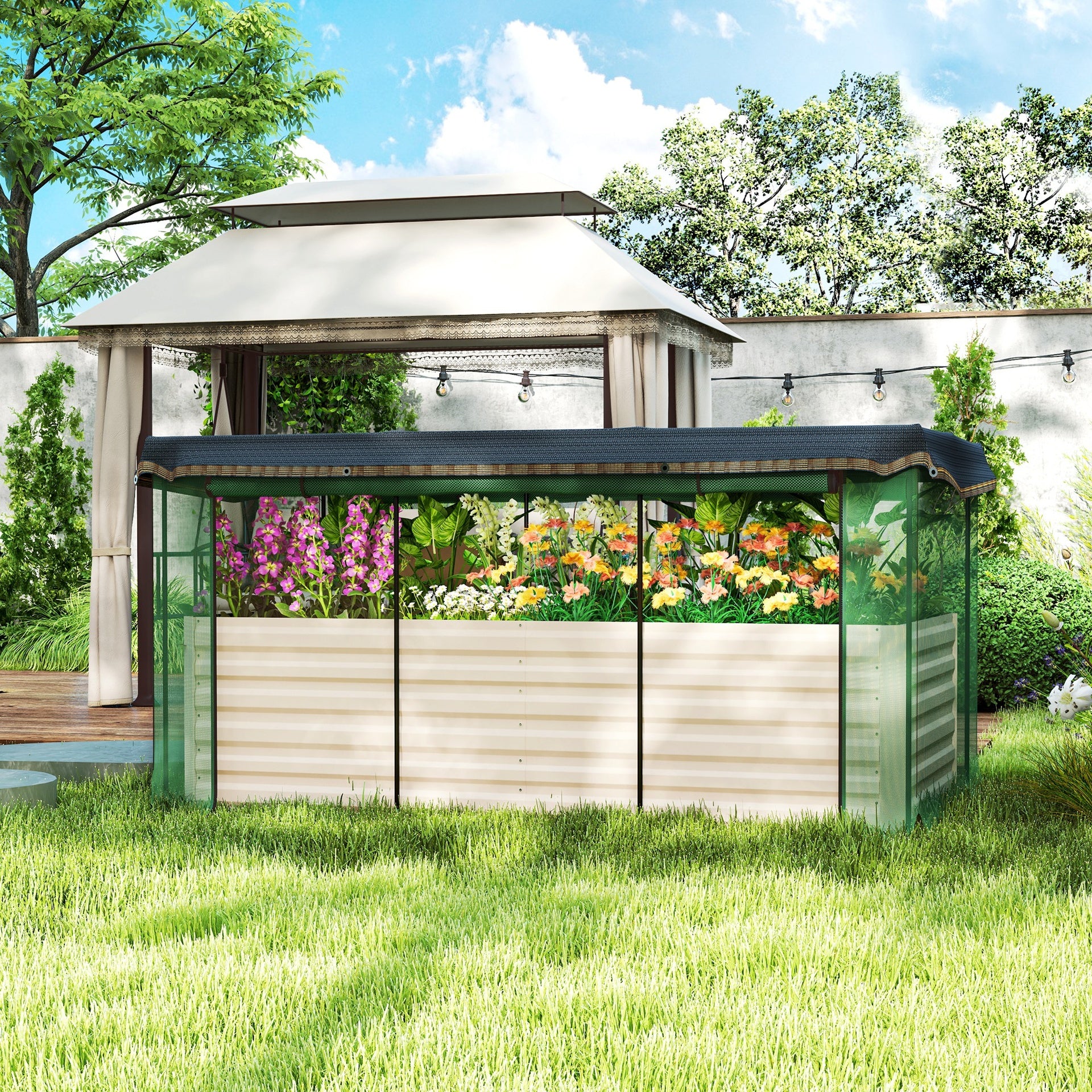 Outsunny Galvanized Steel Planter Box with Crop Cage and Shade Cloth, Raised Garden Bed for Flowers, Veggies and Herbs, Beige