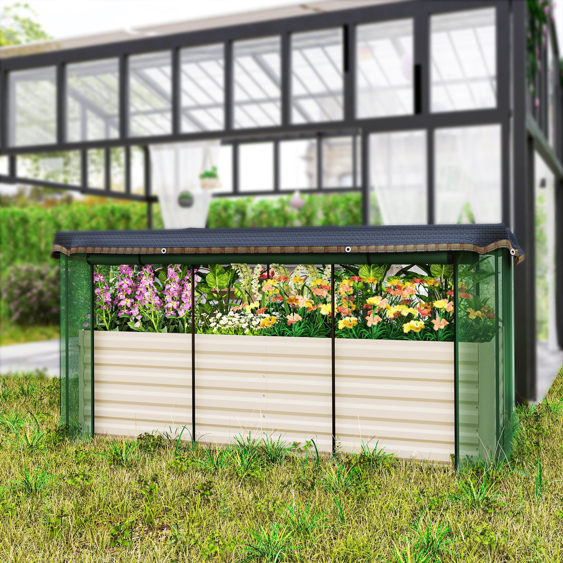 Outsunny Galvanized Steel Planter Box with Crop Cage and Shade Cloth, Raised Garden Bed for Flowers, Veggies and Herbs, Beige