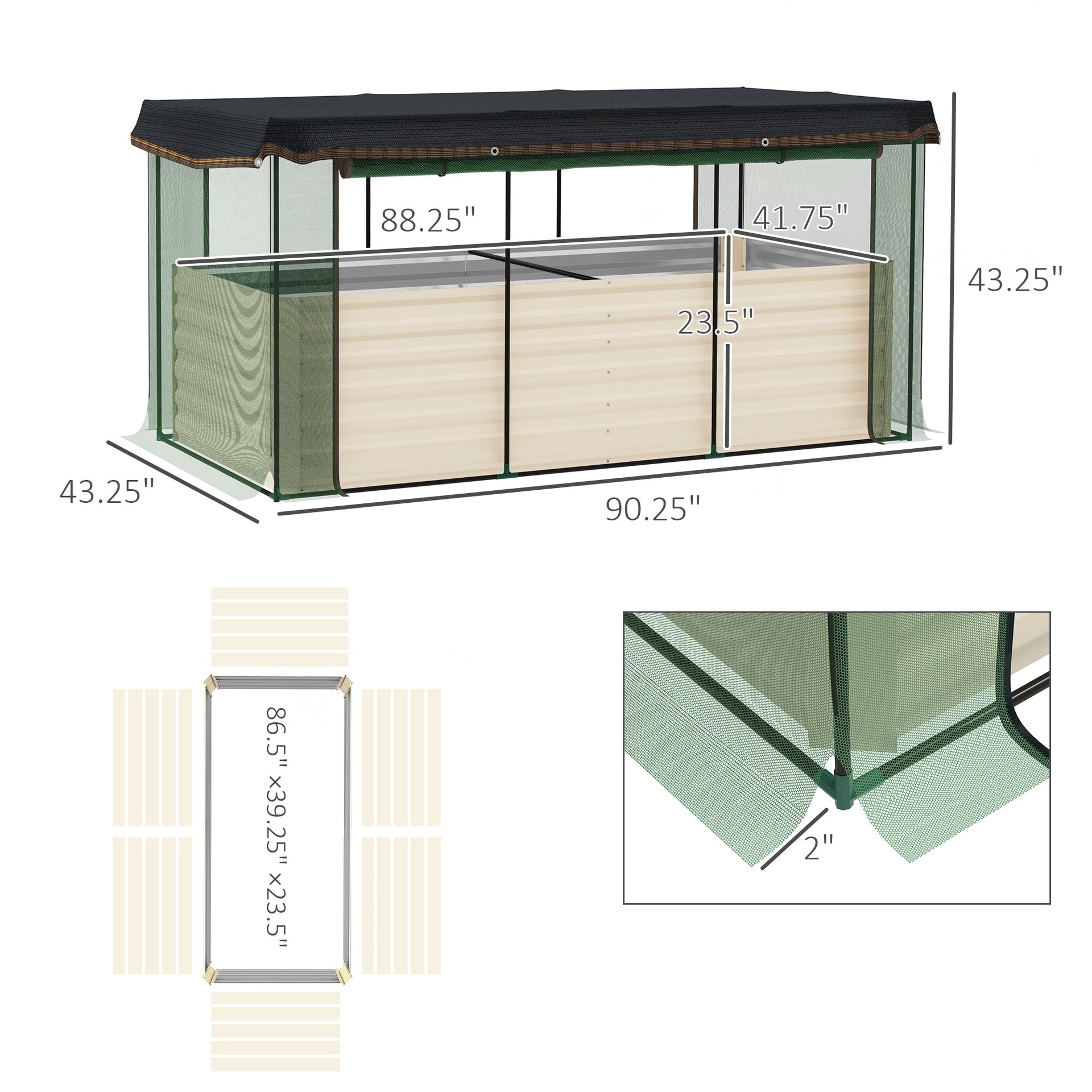 Outsunny Galvanized Steel Planter Box with Crop Cage and Shade Cloth, Raised Garden Bed for Flowers, Veggies and Herbs, Beige