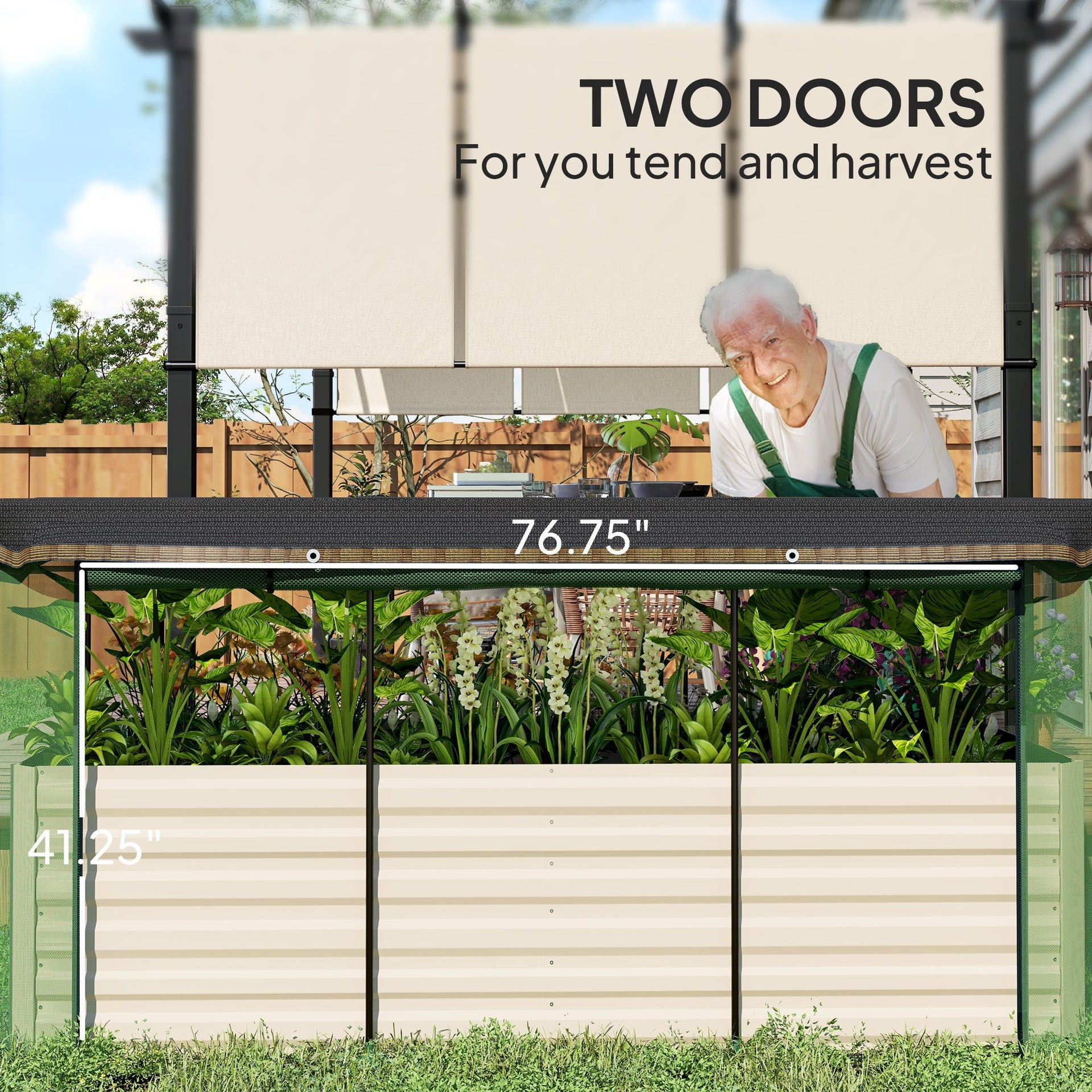 Outsunny Galvanized Steel Planter Box with Crop Cage and Shade Cloth, Raised Garden Bed for Flowers, Veggies and Herbs, Beige