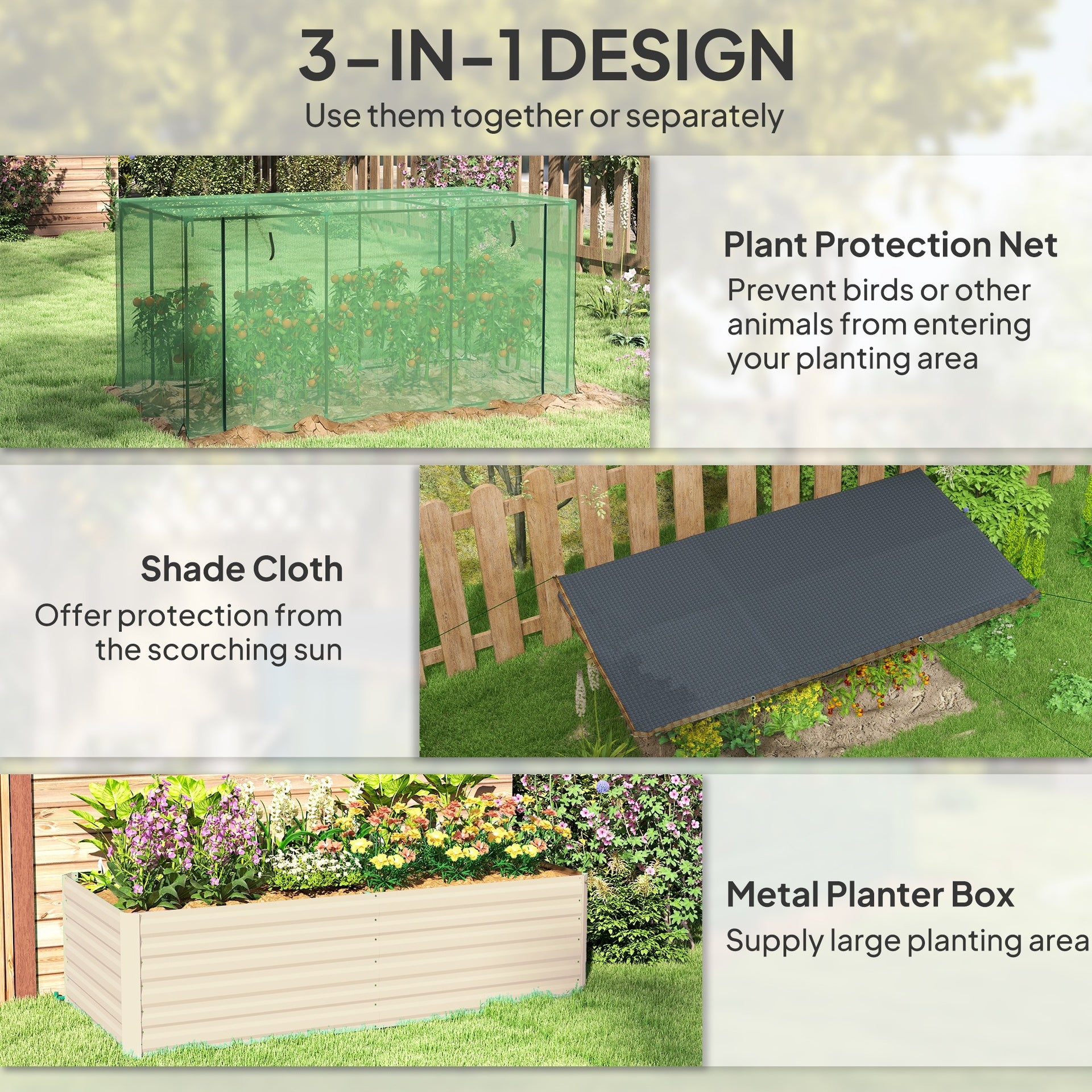 Outsunny Galvanized Steel Planter Box with Crop Cage and Shade Cloth, Raised Garden Bed for Flowers, Veggies and Herbs, Beige