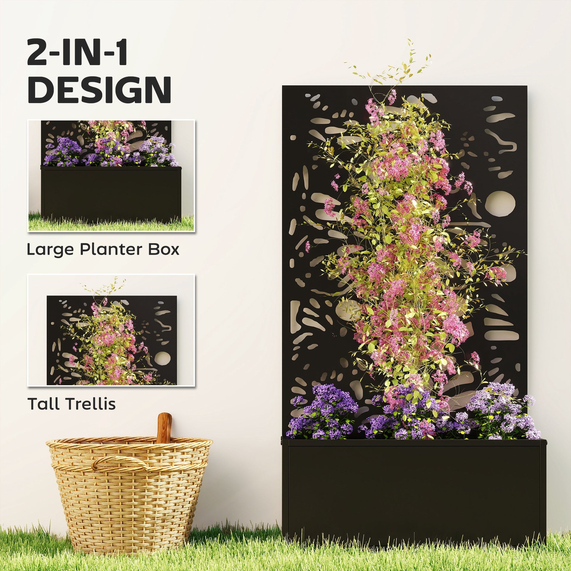 Outsunny Metal Garden Bed with Trellis for Climbing Plants, Freestanding or Wall Mounted Flower Bed for Garden, Patio, Balcony