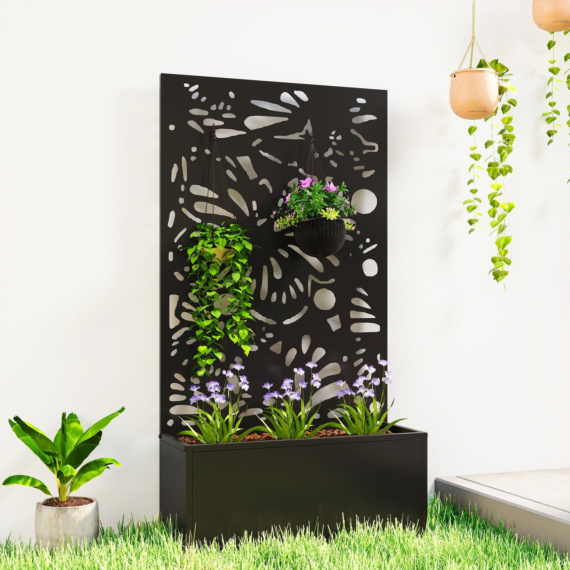 Outsunny Metal Garden Bed with Trellis for Climbing Plants, Freestanding or Wall Mounted Flower Bed for Garden, Patio, Balcony