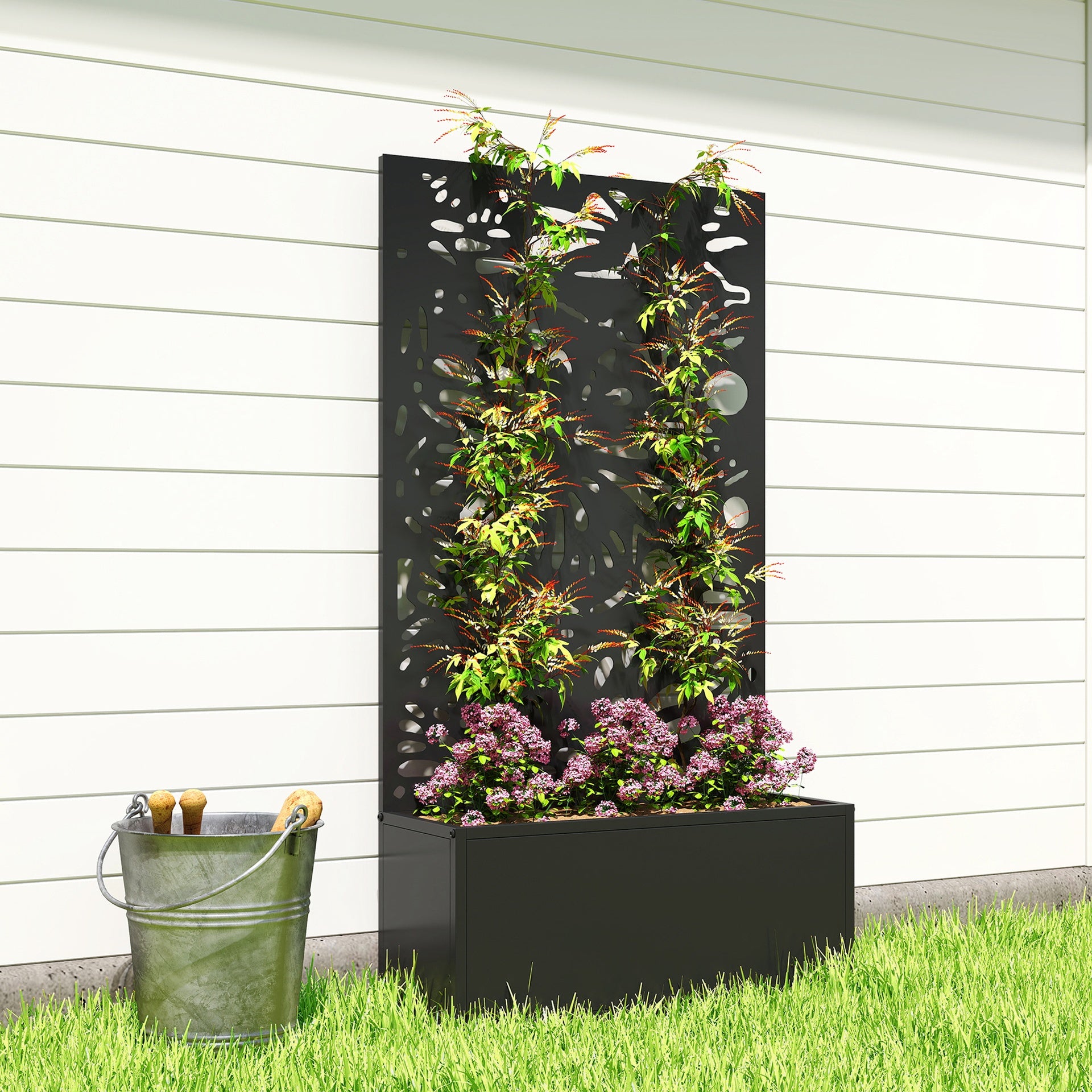 Outsunny Metal Garden Bed with Trellis for Climbing Plants, Freestanding or Wall Mounted Flower Bed for Garden, Patio, Balcony