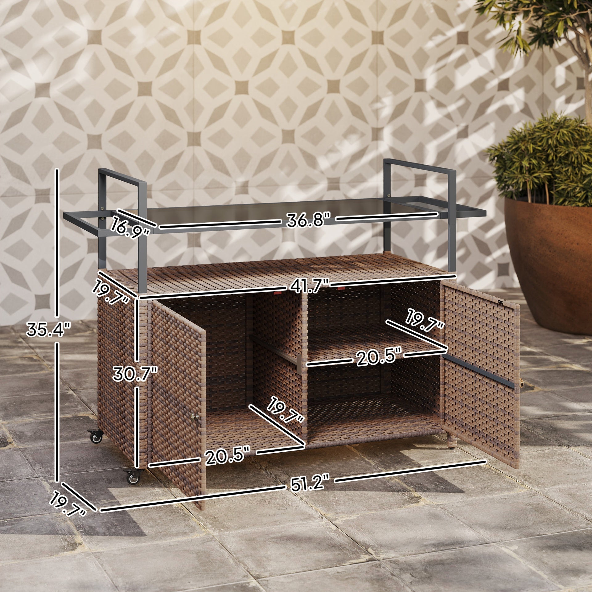 Outsunny 2-Tier Shelf PE Rattan Outdoor Bar Table, Glass Top Outdoor Serving Cart with Cabinet, Mixed Brown