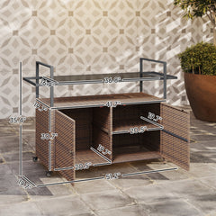 Outsunny 2-Tier Shelf PE Rattan Outdoor Bar Table, Glass Top Outdoor Serving Cart with Cabinet, Mixed Brown