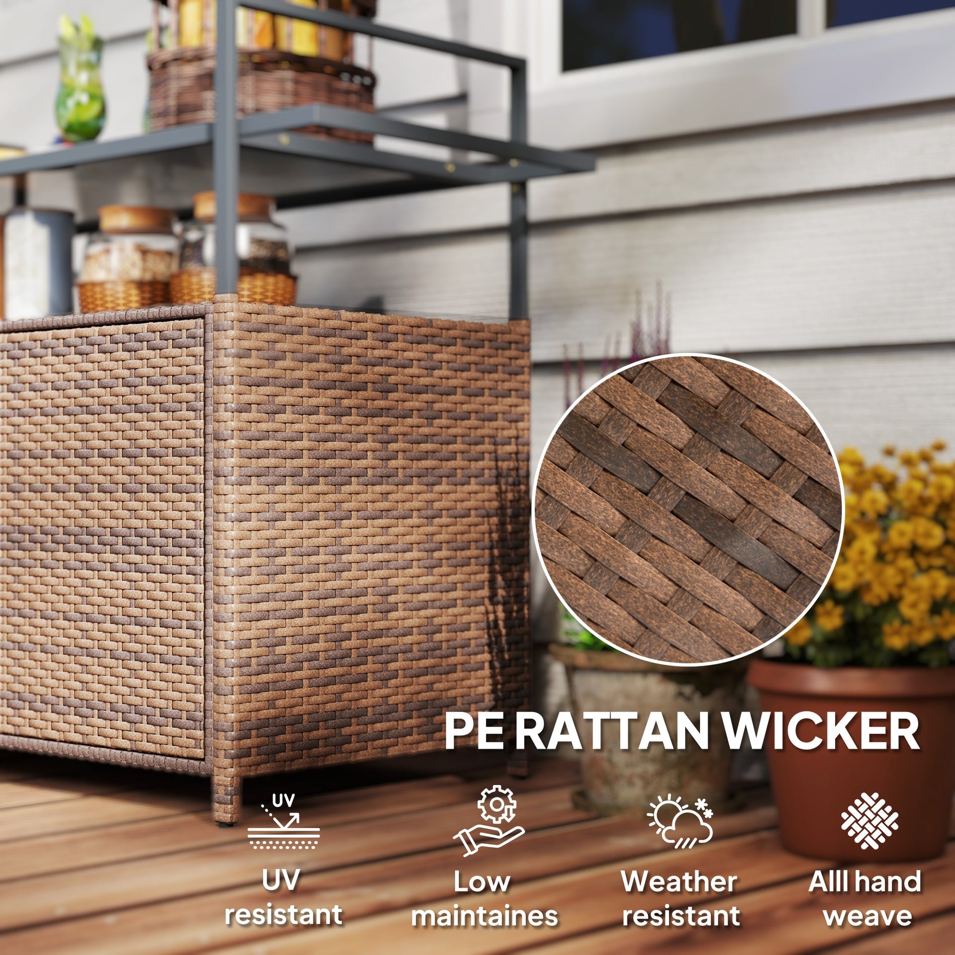 Outsunny 2-Tier Shelf PE Rattan Outdoor Bar Table, Glass Top Outdoor Serving Cart with Cabinet, Mixed Brown