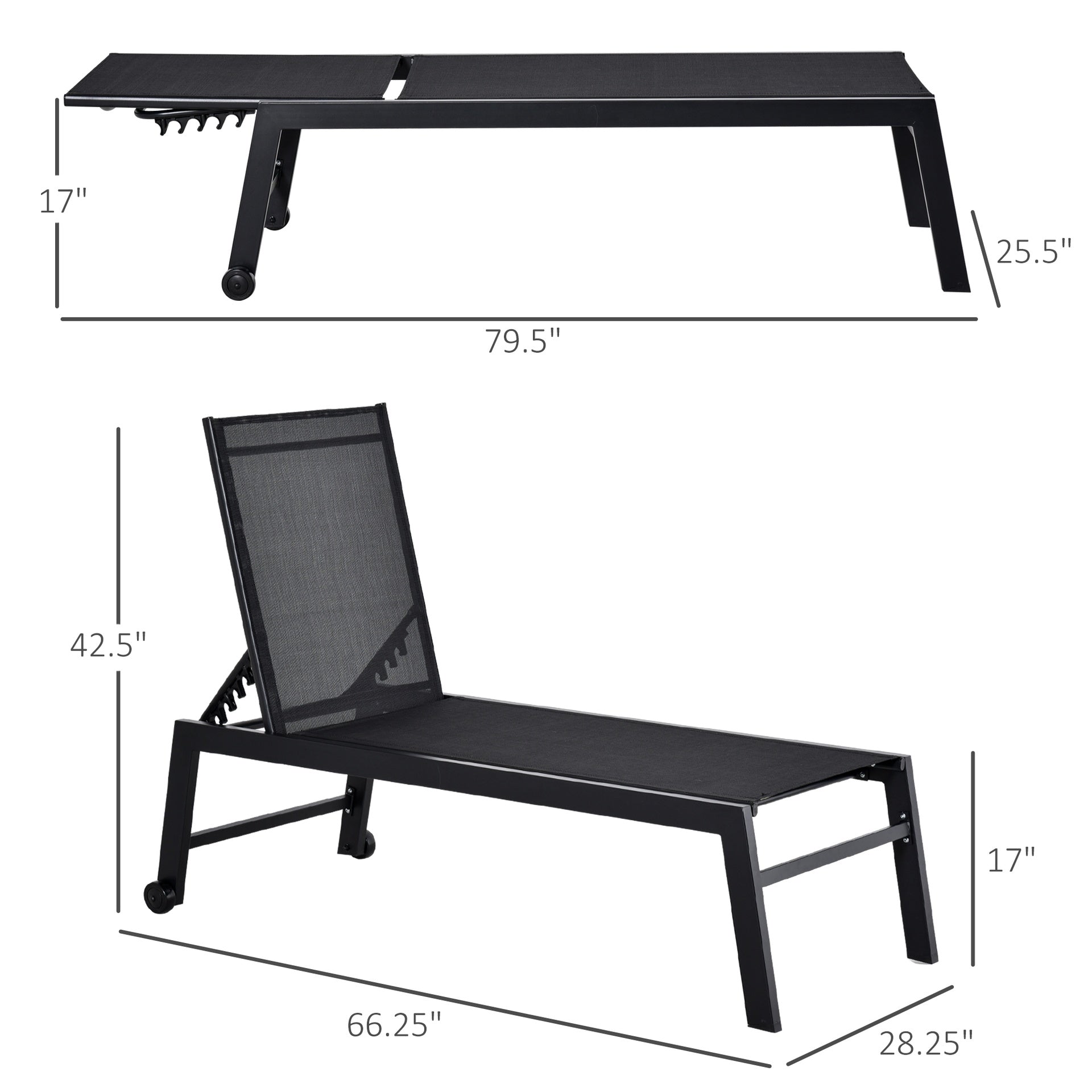 Outsunny Outdoor Chaise Lounge with Wheels, Five Position Recliner for Sunbathing, Suntanning, Steel Frame, Breathable Fabric for Beach, Yard, Patio, Black