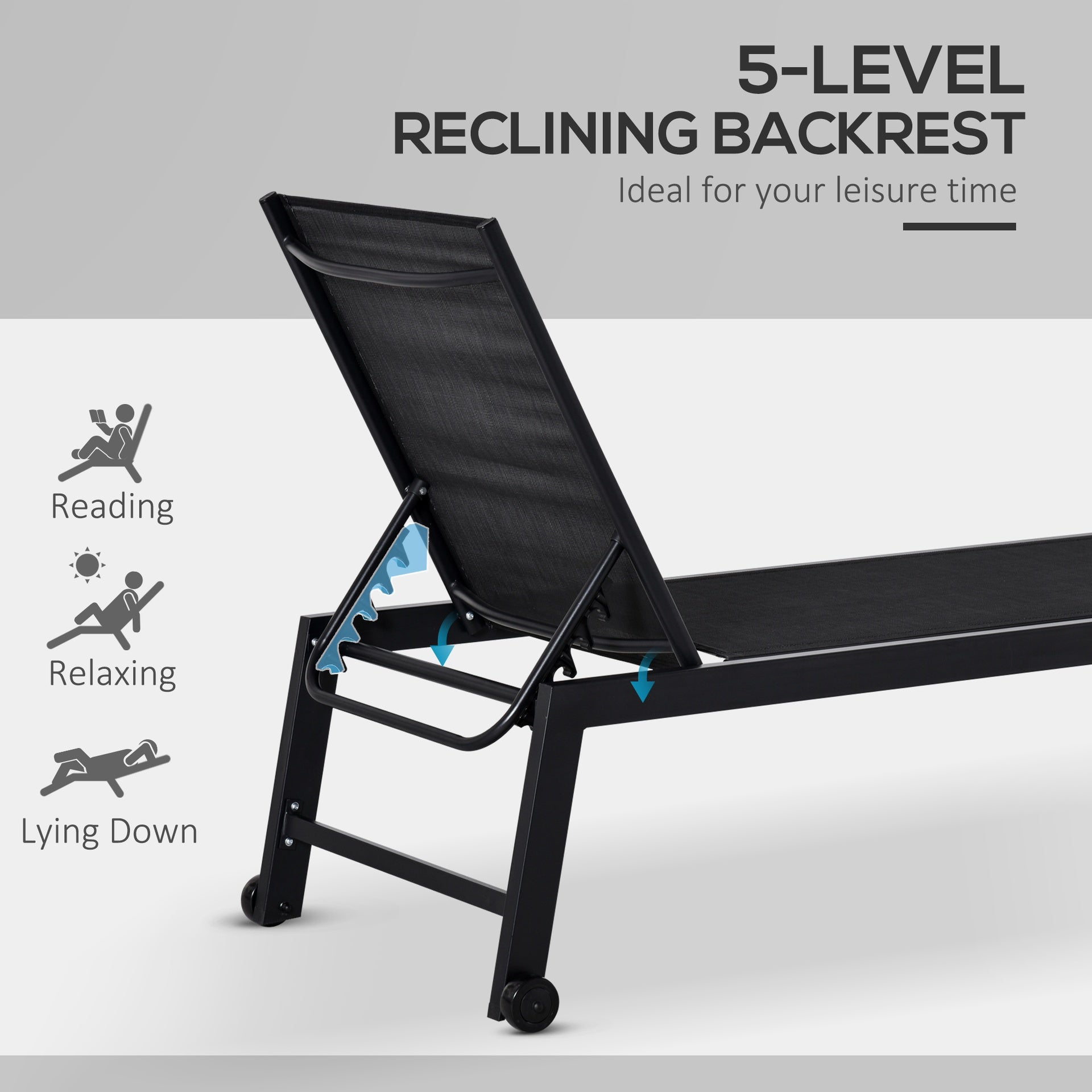 Outsunny Outdoor Chaise Lounge with Wheels, Five Position Recliner for Sunbathing, Suntanning, Steel Frame, Breathable Fabric for Beach, Yard, Patio, Black